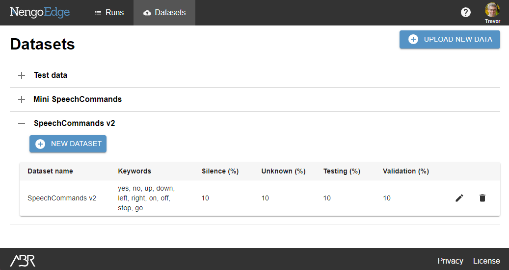 NengoEdge datasets page