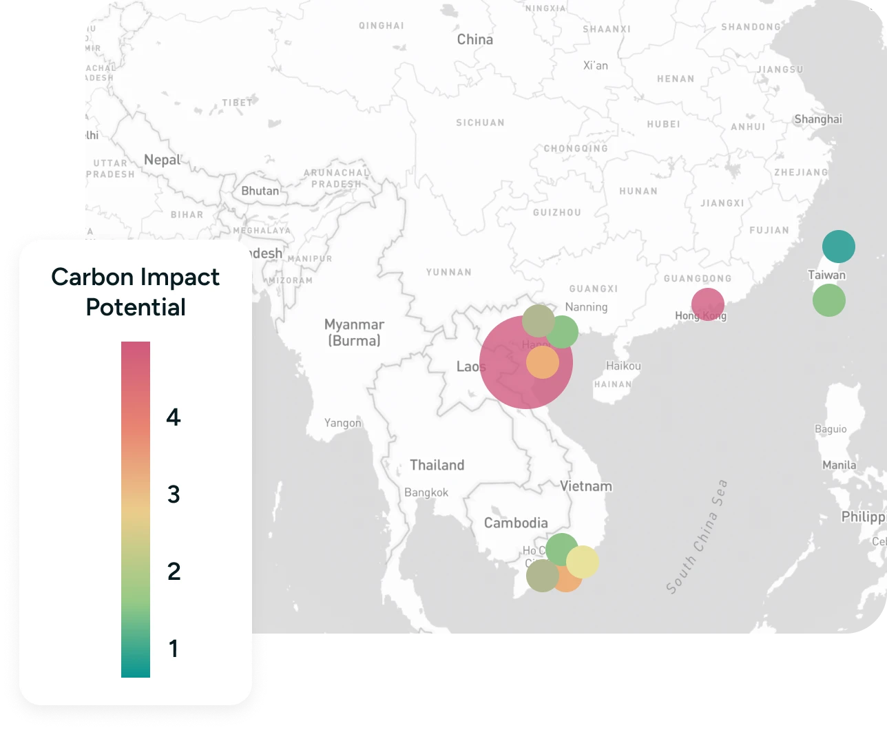 A map of the region of southern china representing the carbon impact potential