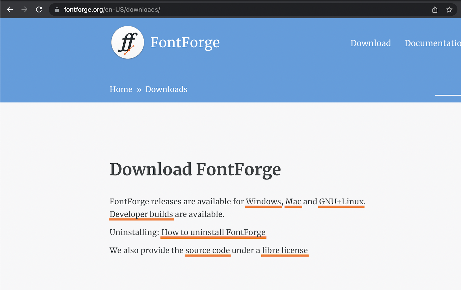 Font Forge download screen
