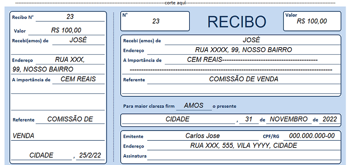 Modelo de recibo preenchido com dados básicos