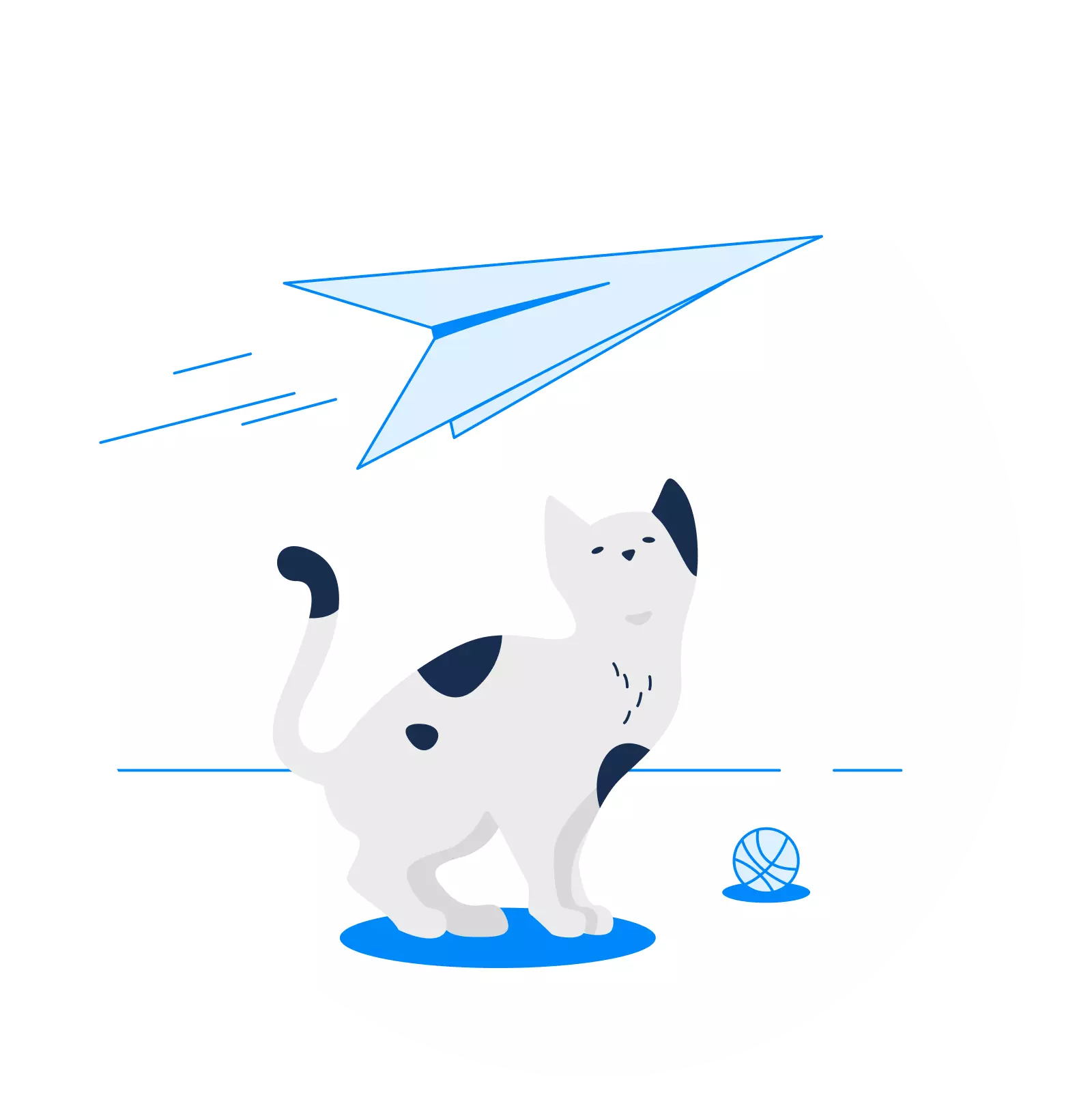 Chat qui regarde un avion en papier dans le ciel