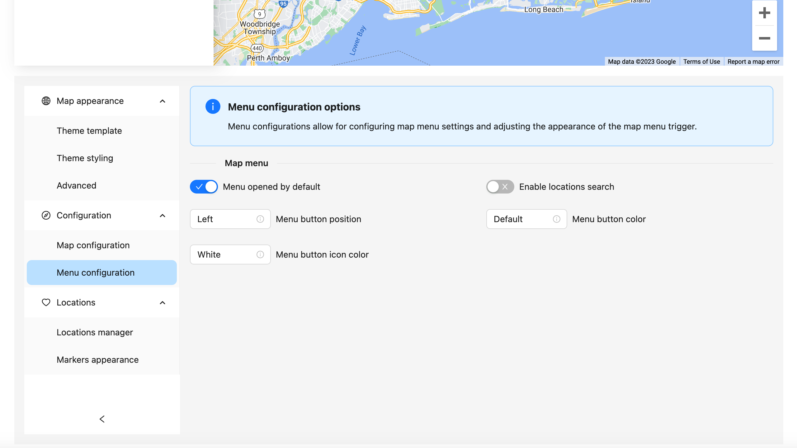 Menu configuration options