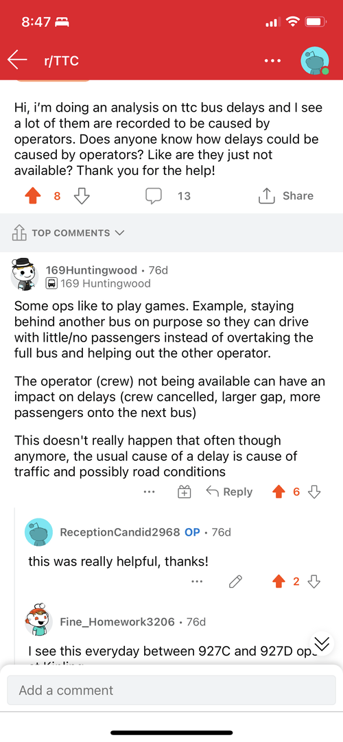 Reddit page showing answers to questions about dataset.