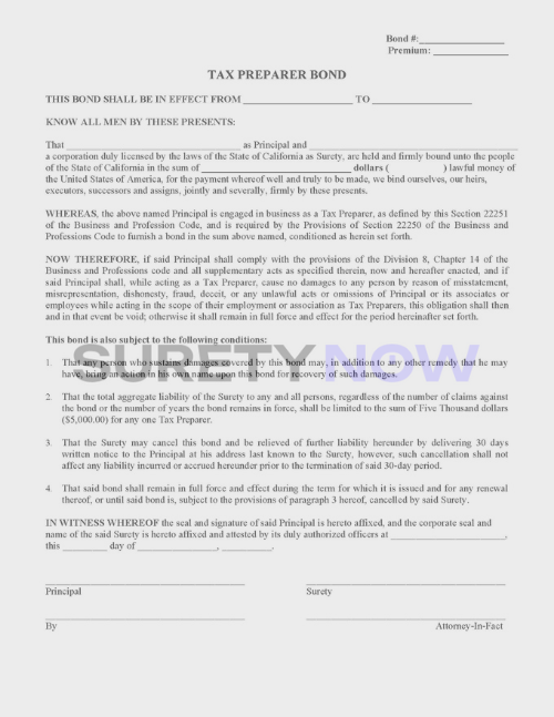California Tax Preparer Bond SuretyNow