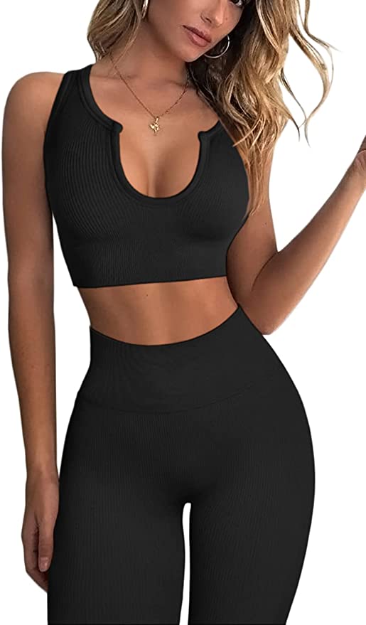 Piece Ribbed Seamless Crop Tank High Waist Yoga Leggings Sets