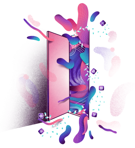 Denna abstrakta och konstnärliga bild har en modern smartphone i mitten, omgiven av en vibrerande explosion av färgglada former och mönster.