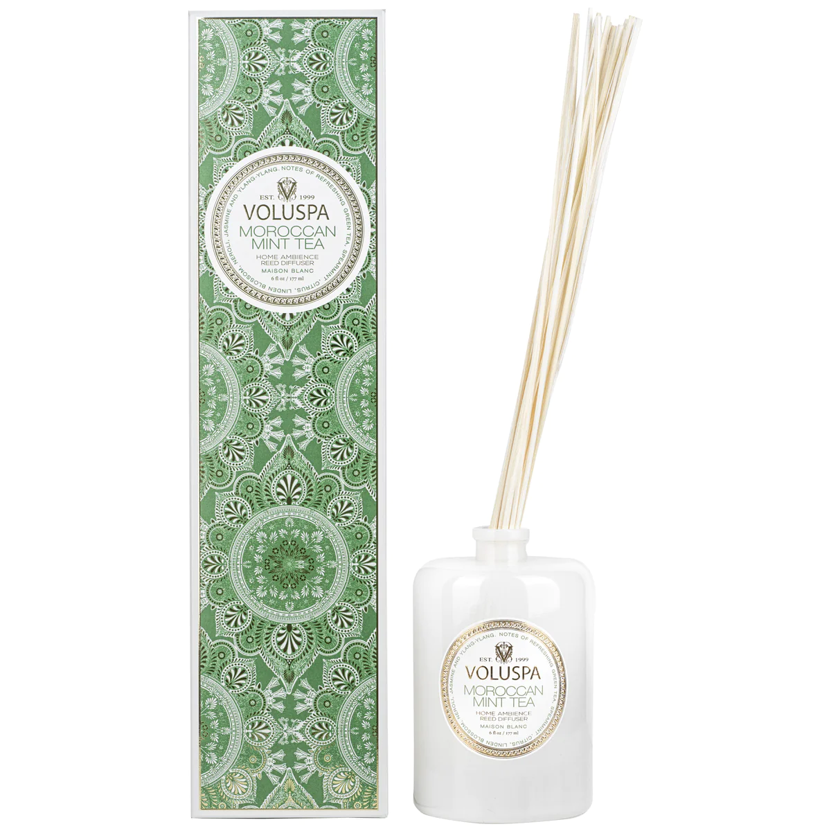 Voluspa Moroccan Mint Tea Reed Diffuser at Renata's Organic Skincare