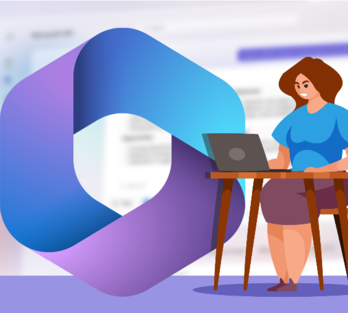 A woman in a skirt and top is sitting at a desk working on a laptop with the large blue and purple Microsoft Copilot logo next to her.