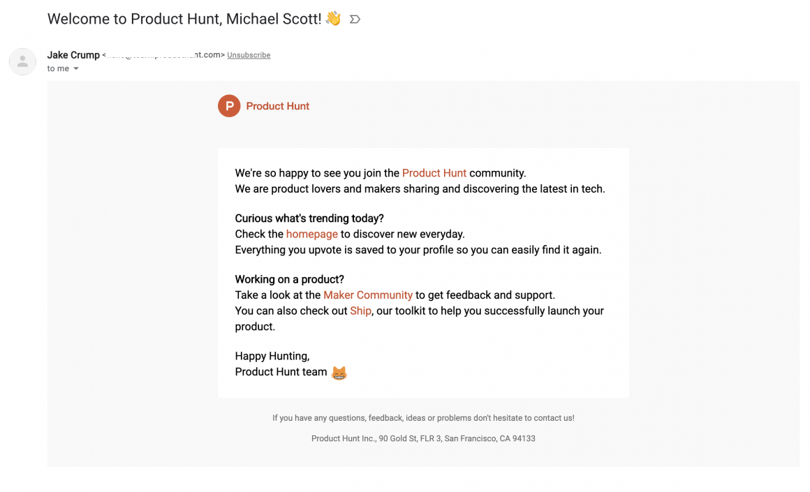 Product Hunt Welcome Email