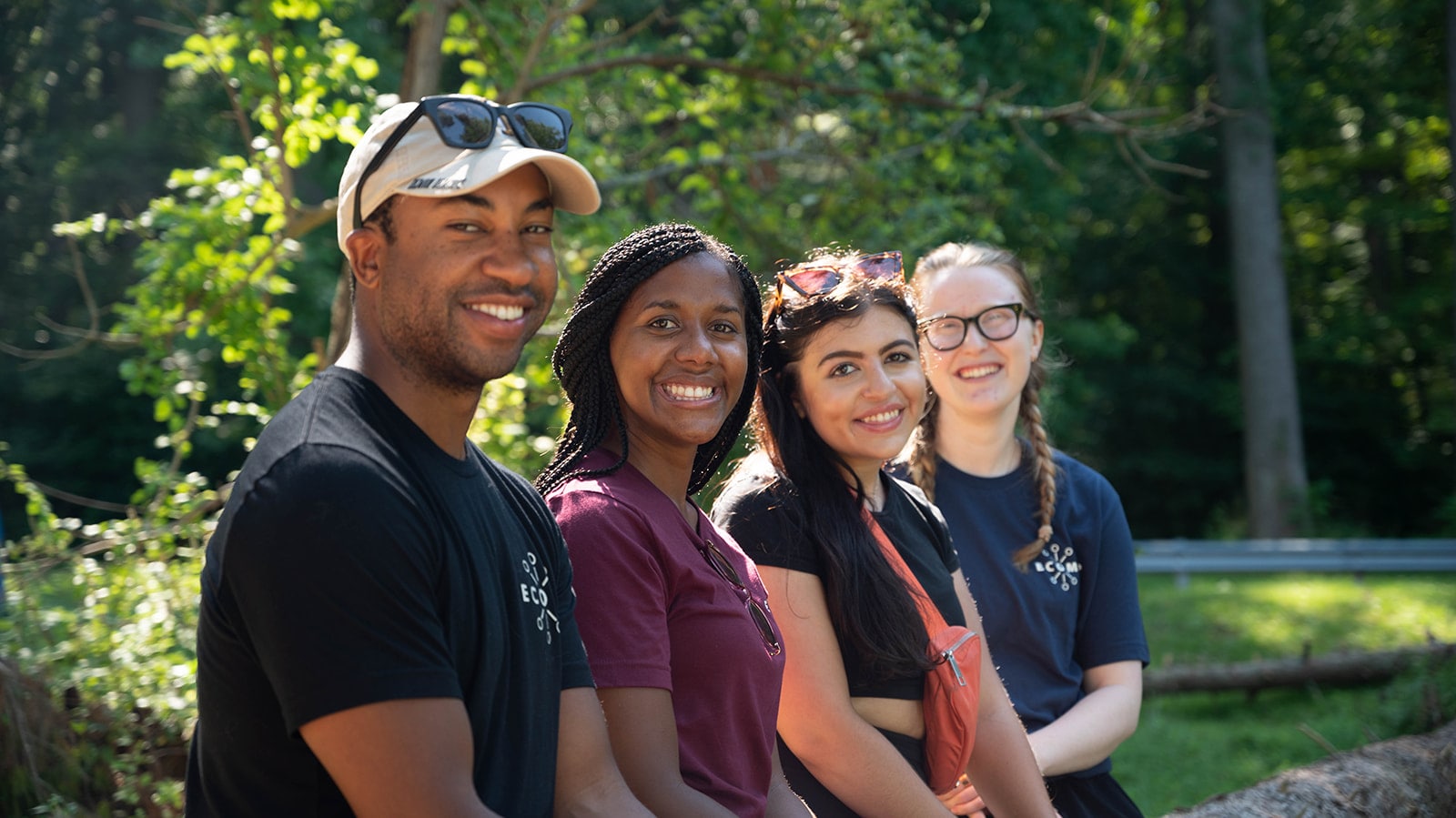 a photo of four coworkers sitting on a log smiling