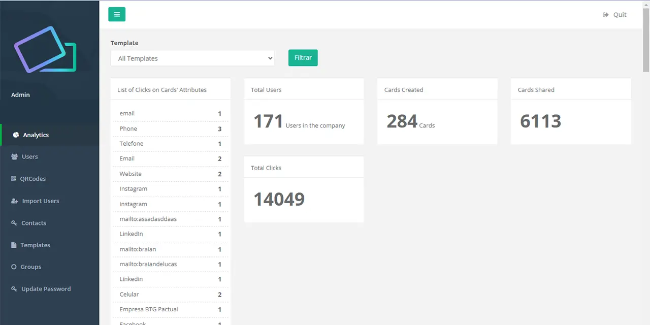 Primeira tela de acesso do painel de controle da ClickCard após o login