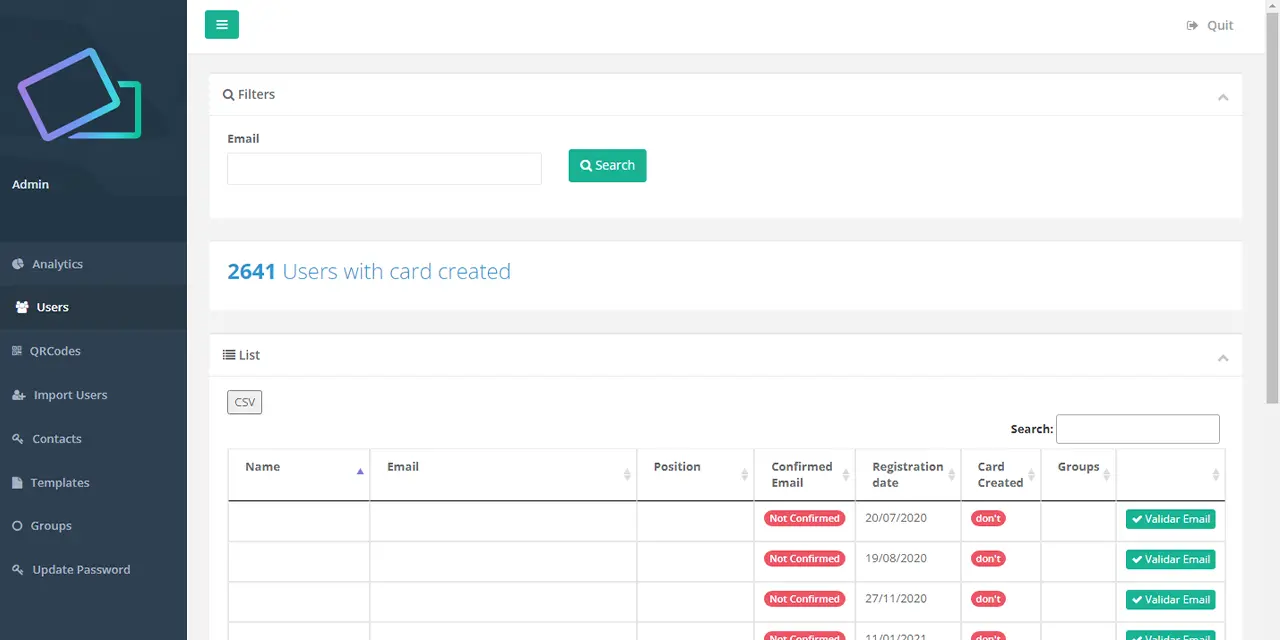 User management screen