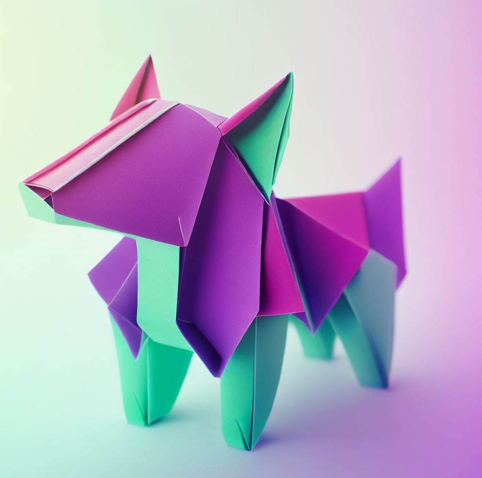Colorful origami dog with purple, pink, green tones of paper.