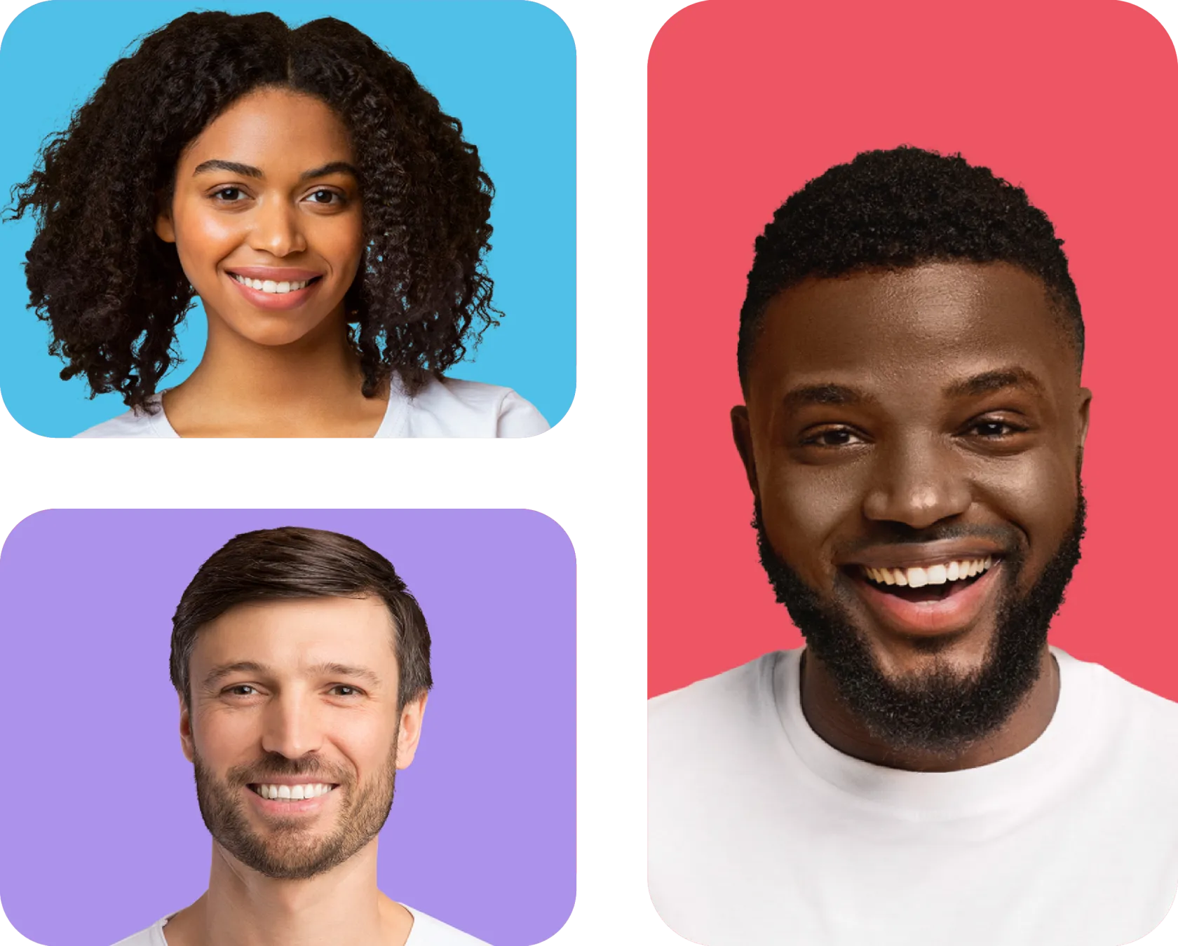 Two smaller card with women and. man smiliing. One bigger card with black man face smiling.