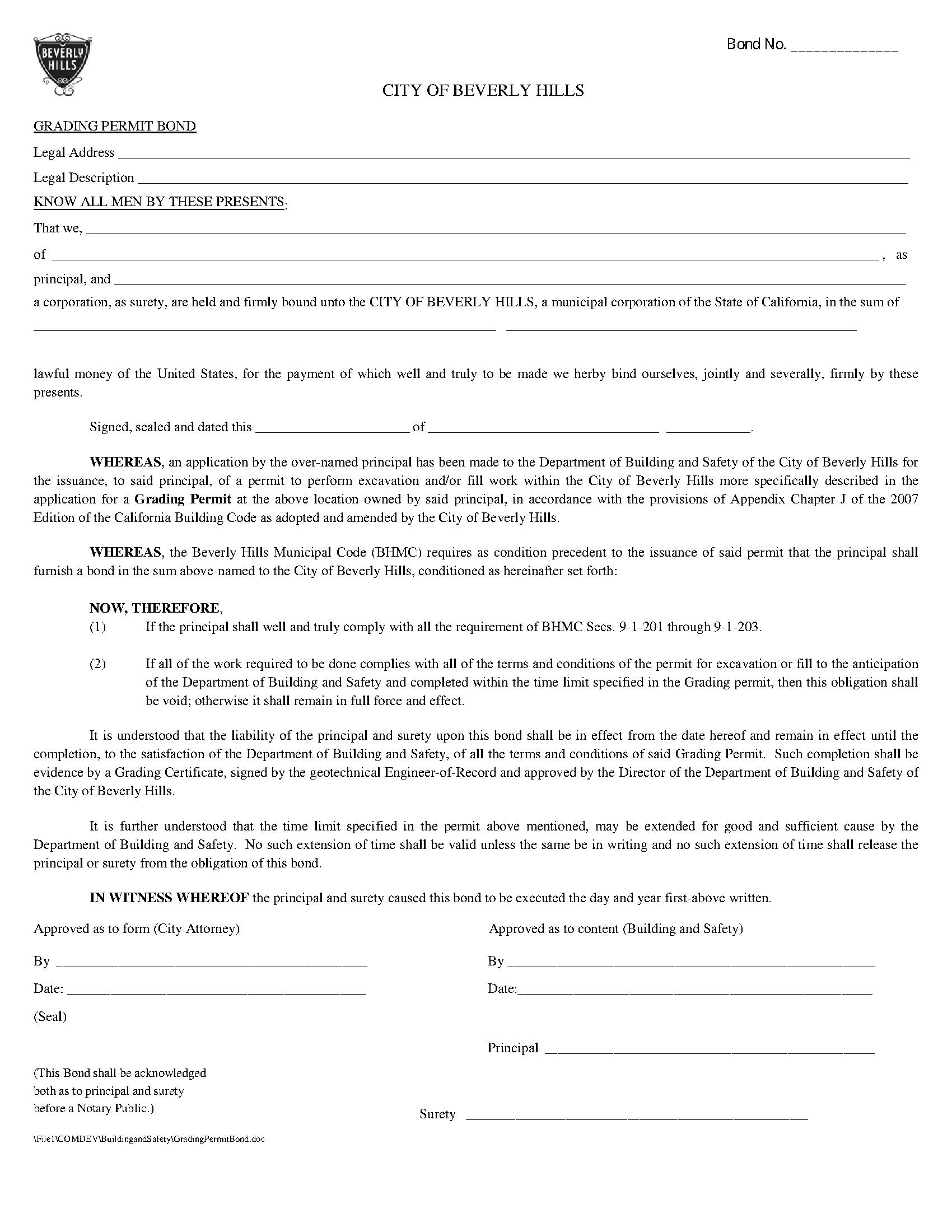 City of Beverly Hills Grading Permit Bond EZ Surety Bonds