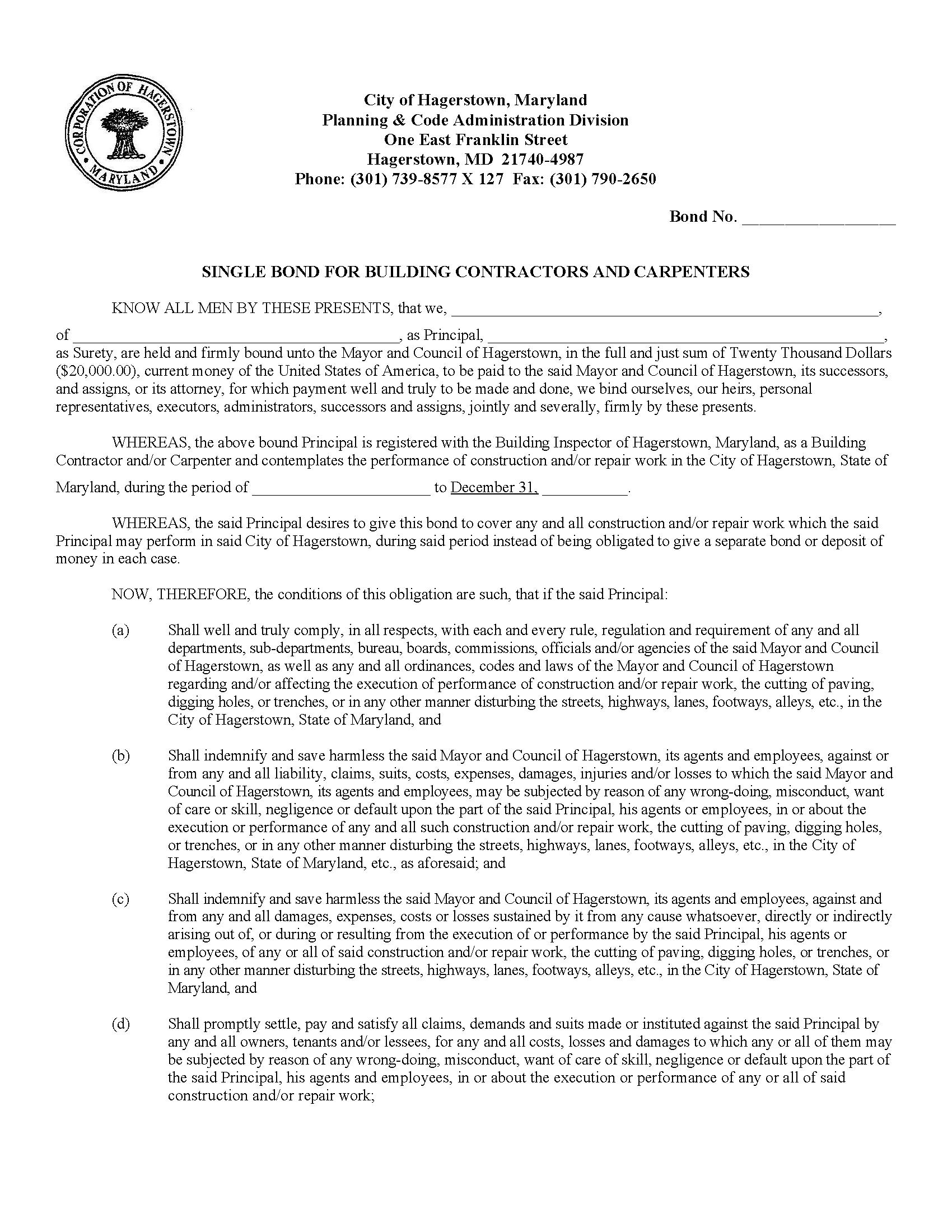 City of Hagerstown Building Contractors and Carpenters Bond EZ Surety Bonds