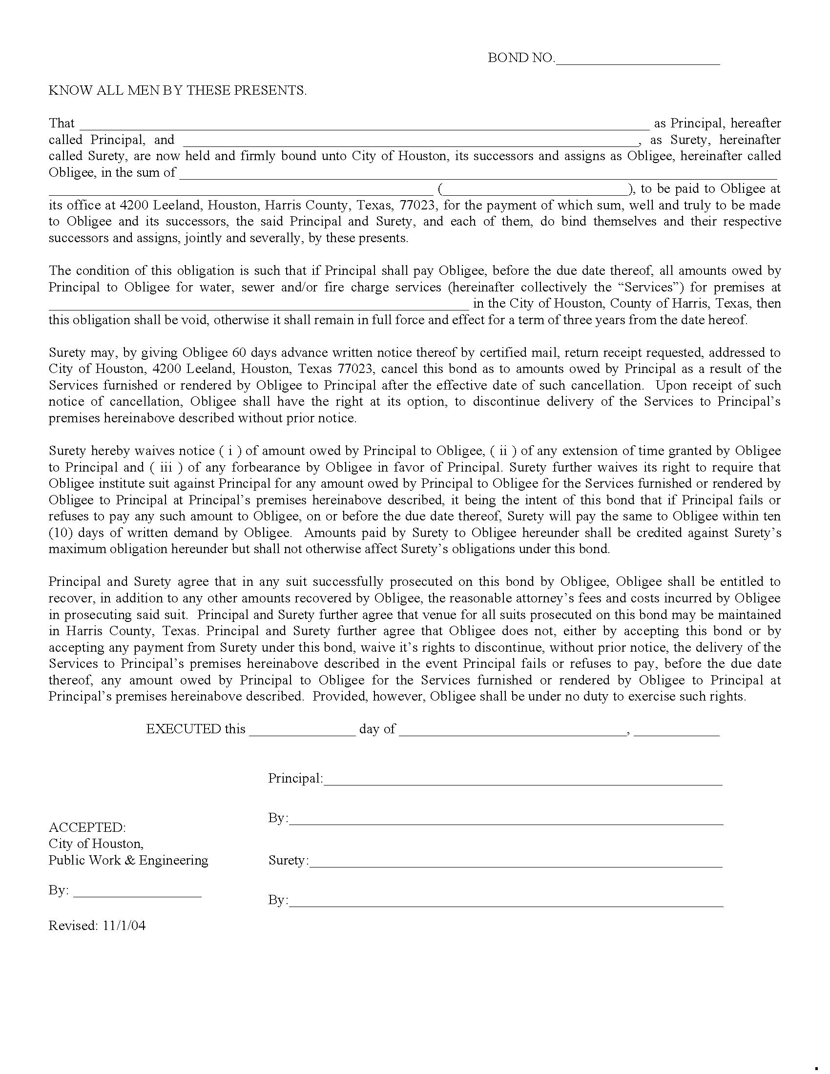 City of Houston Utility Deposit for Water and Sewer Services Bond EZ