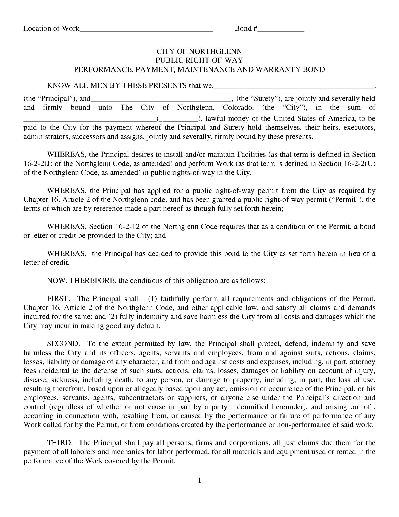 City of Northglenn Public RightofWay (Job Specific) Bond EZ Surety