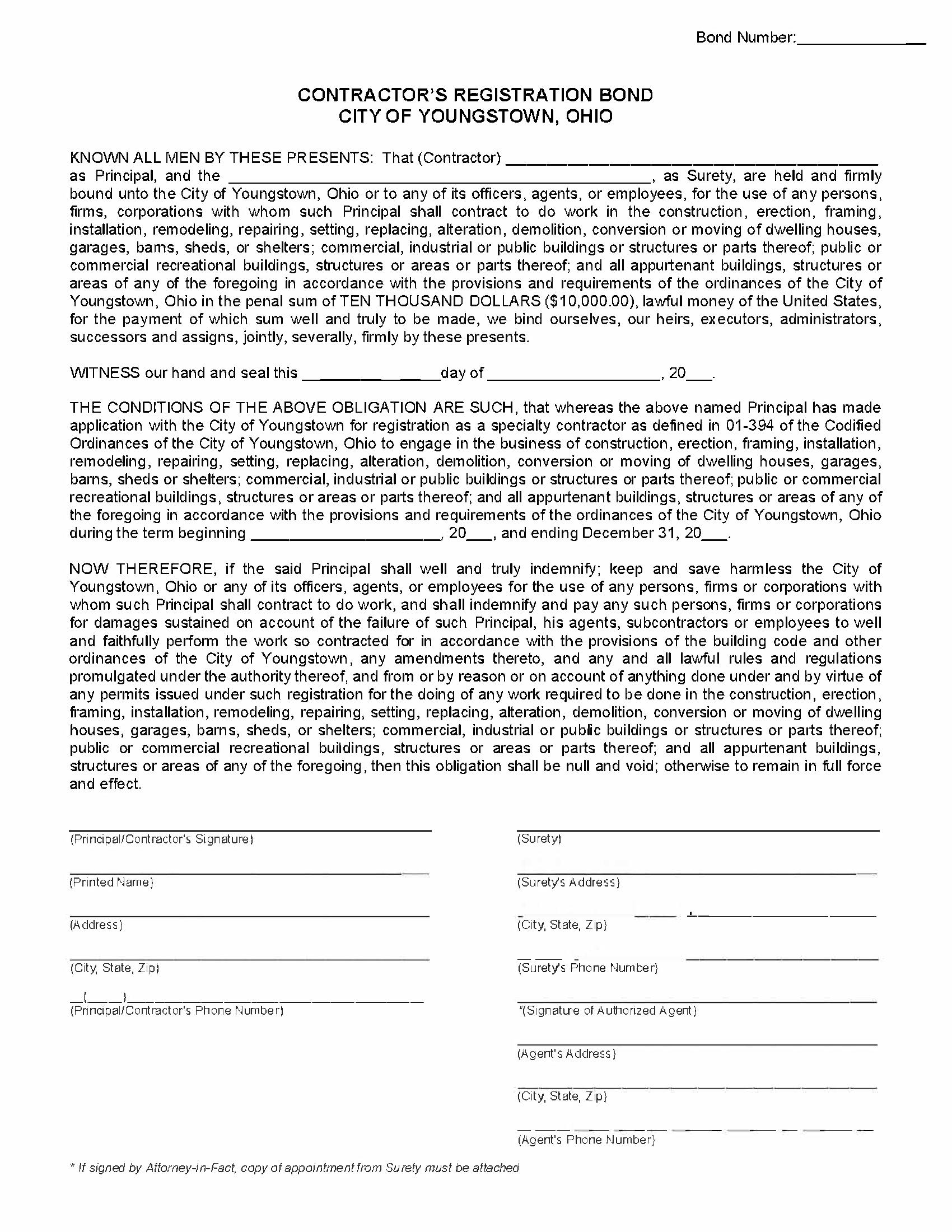 City of Youngstown Contractors Registration Bond EZ Surety Bonds