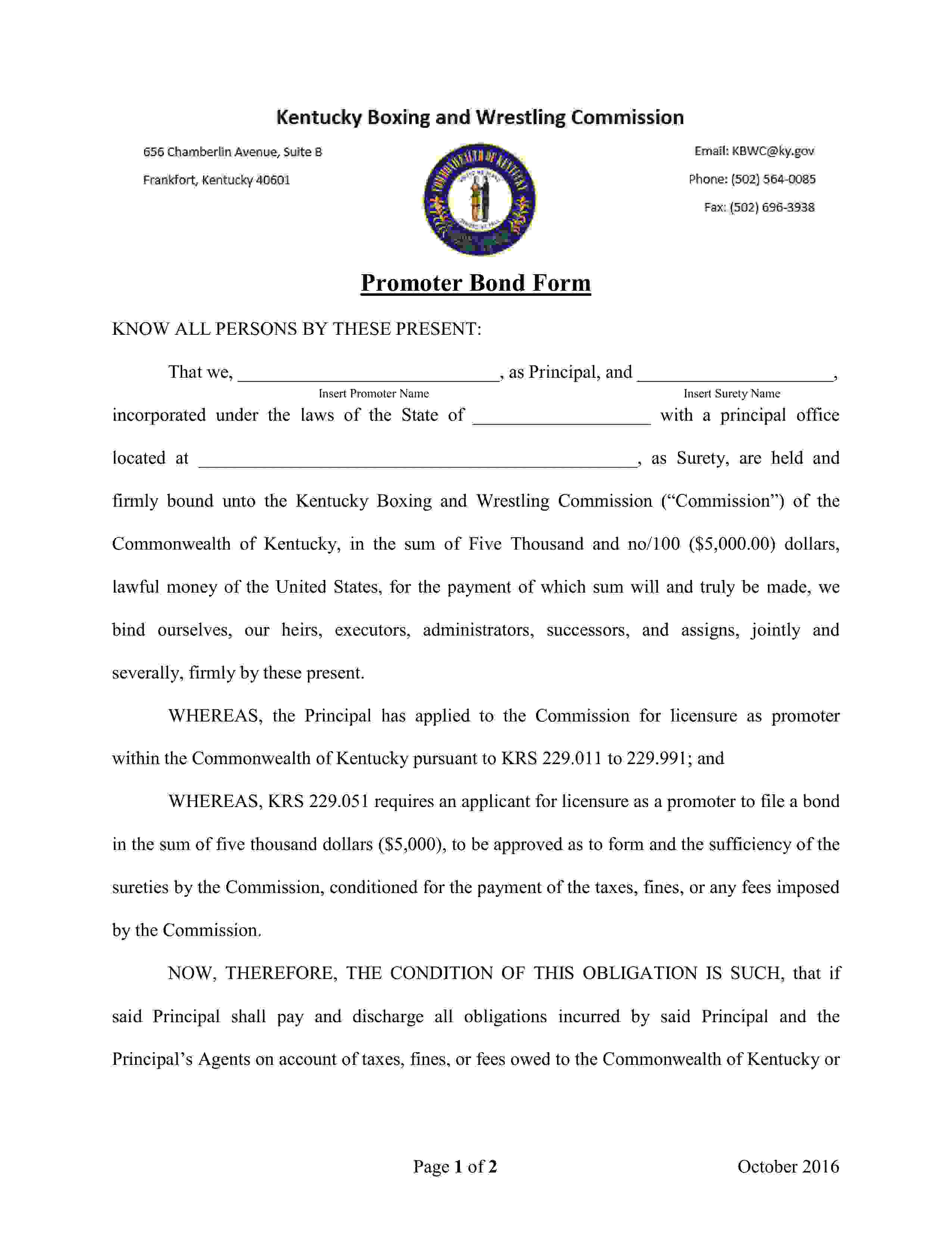 Commonwealth of Kentucky Boxing and Wrestling Athletic Promoter Bond EZ Surety Bonds