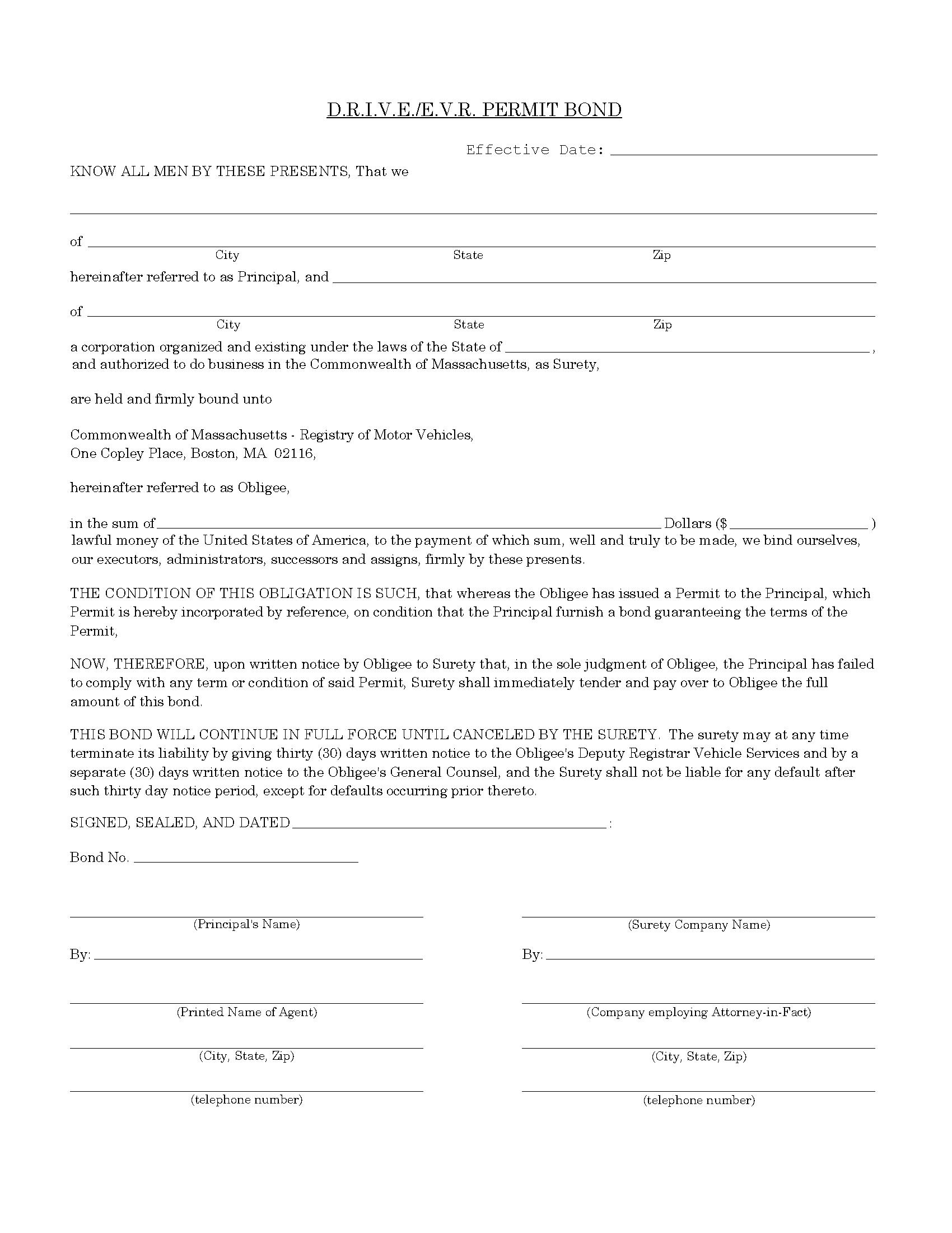 Commonwealth of Massachusetts DRIVE or EVR Permit Bond EZ Surety Bonds