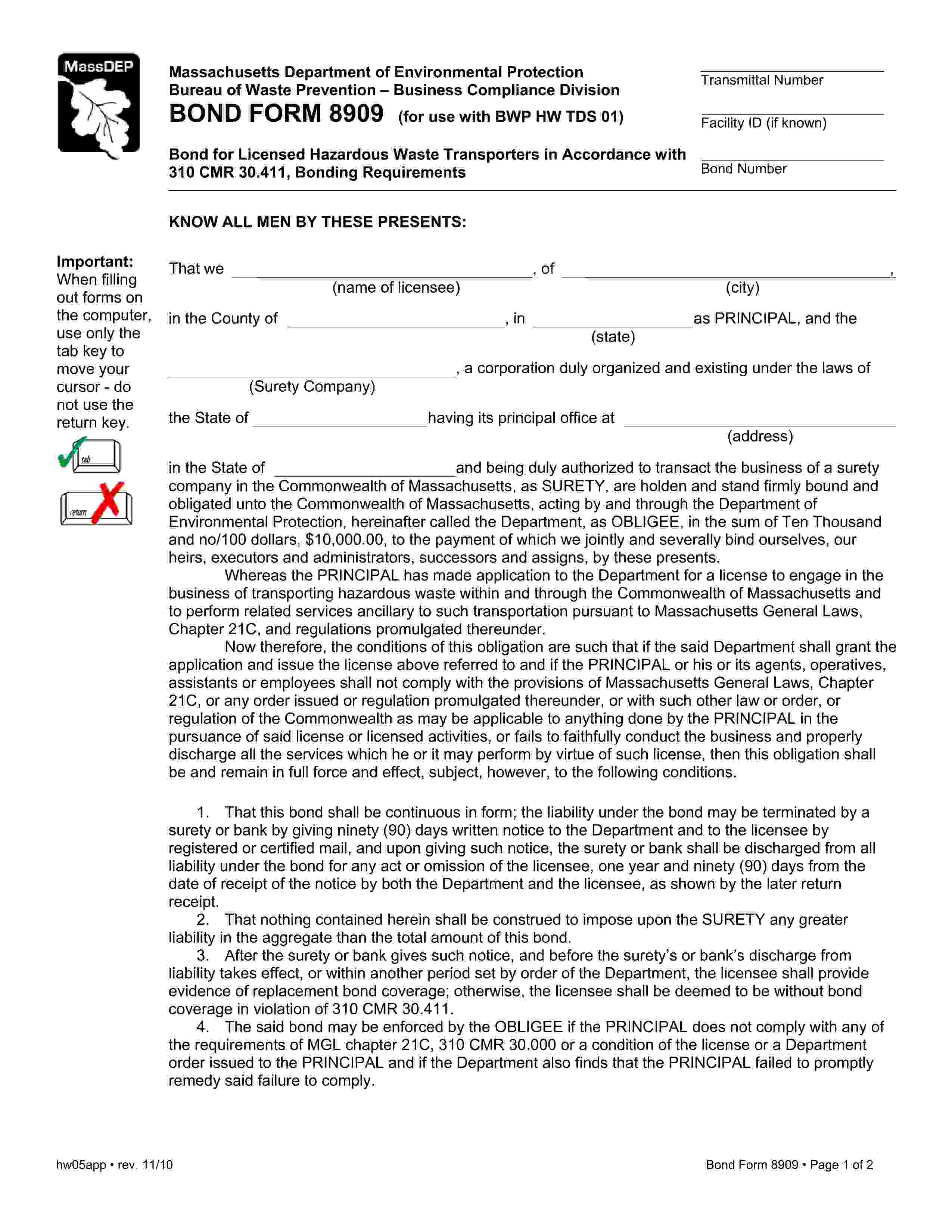 Commonwealth of Massachusetts Hazardous Waste Transporters Bond EZ