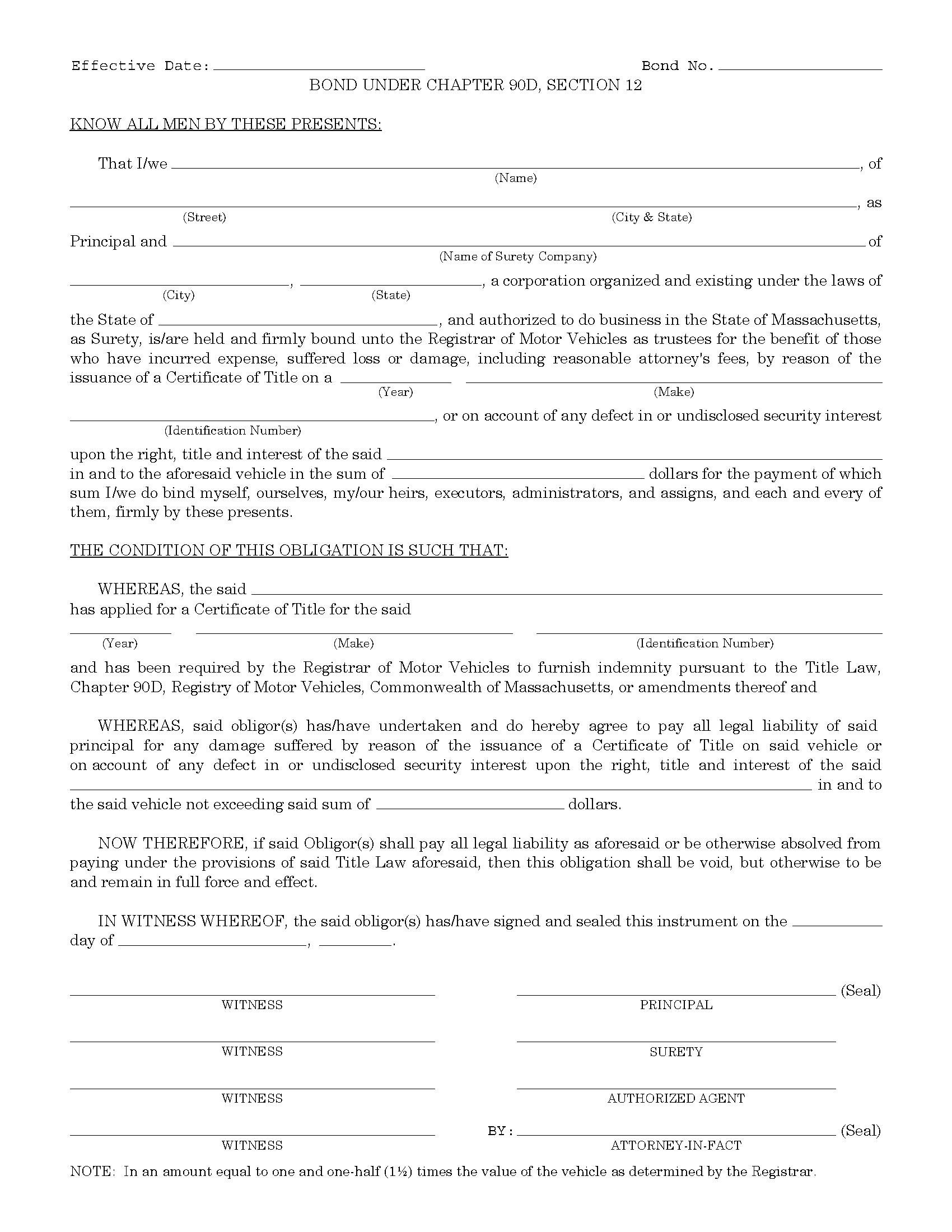 Commonwealth of Massachusetts Motor Vehicle Certificate of Title Bond