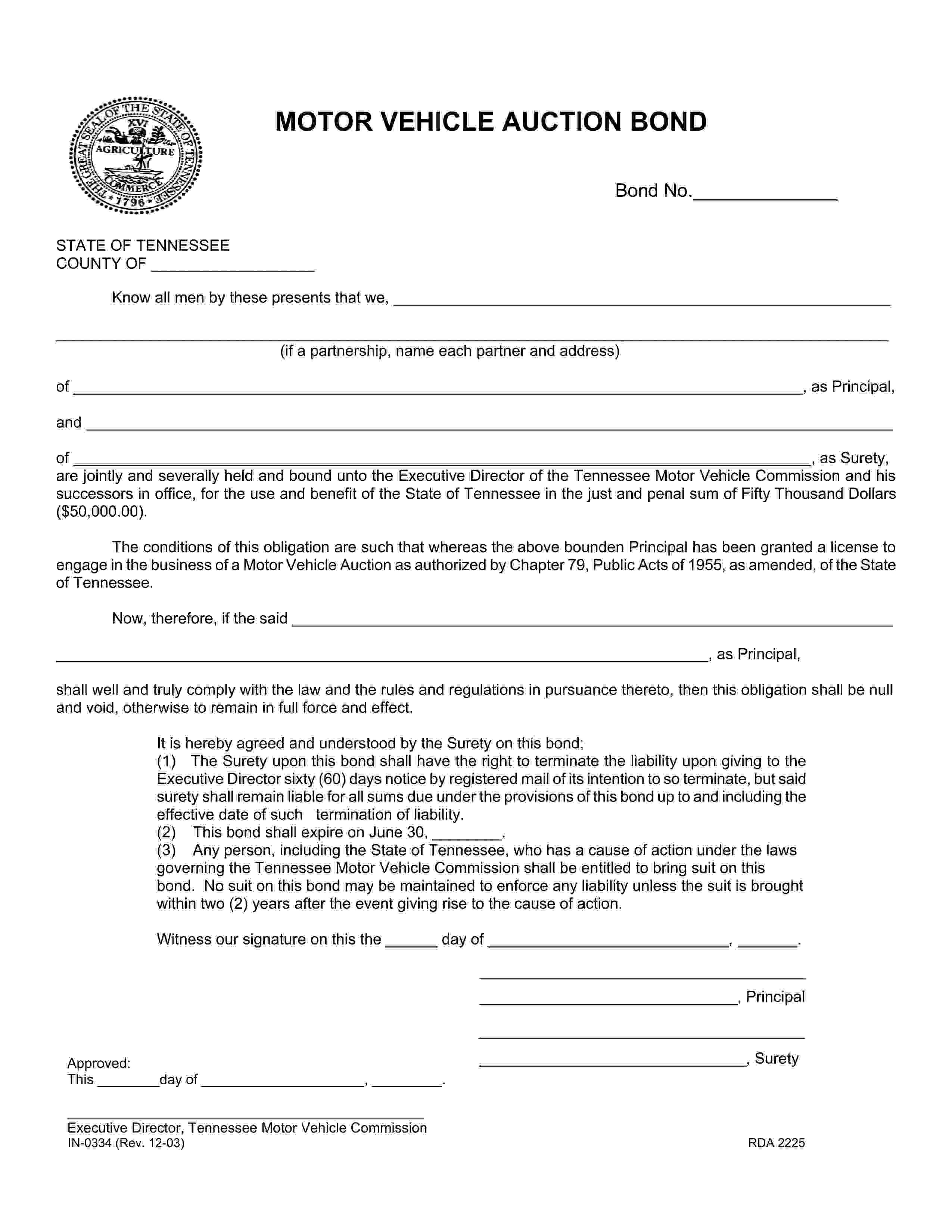 Department of Commerce and Insurance Motor Vehicle Auction Bond EZ Surety Bonds