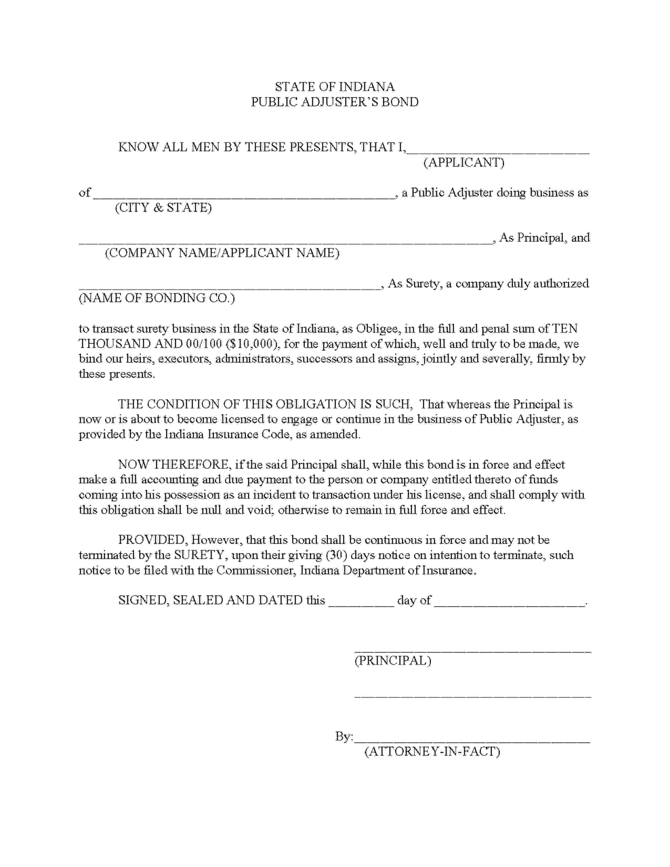 Indiana Department of Insurance Public Adjuster Bond EZ Surety Bonds