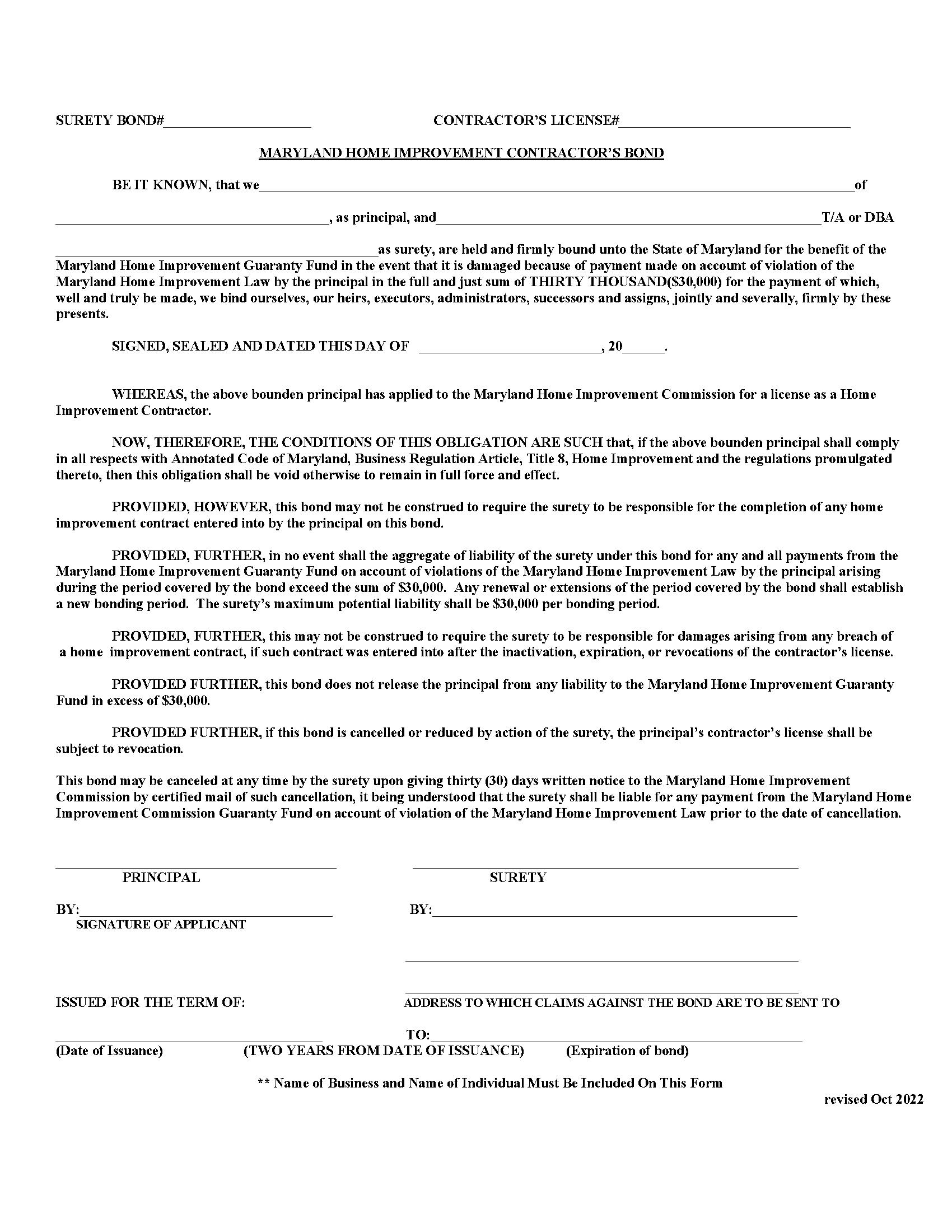 Maryland Home Improvement Commission Guaranty Fund Home Improvement Contractor Bond EZ Surety