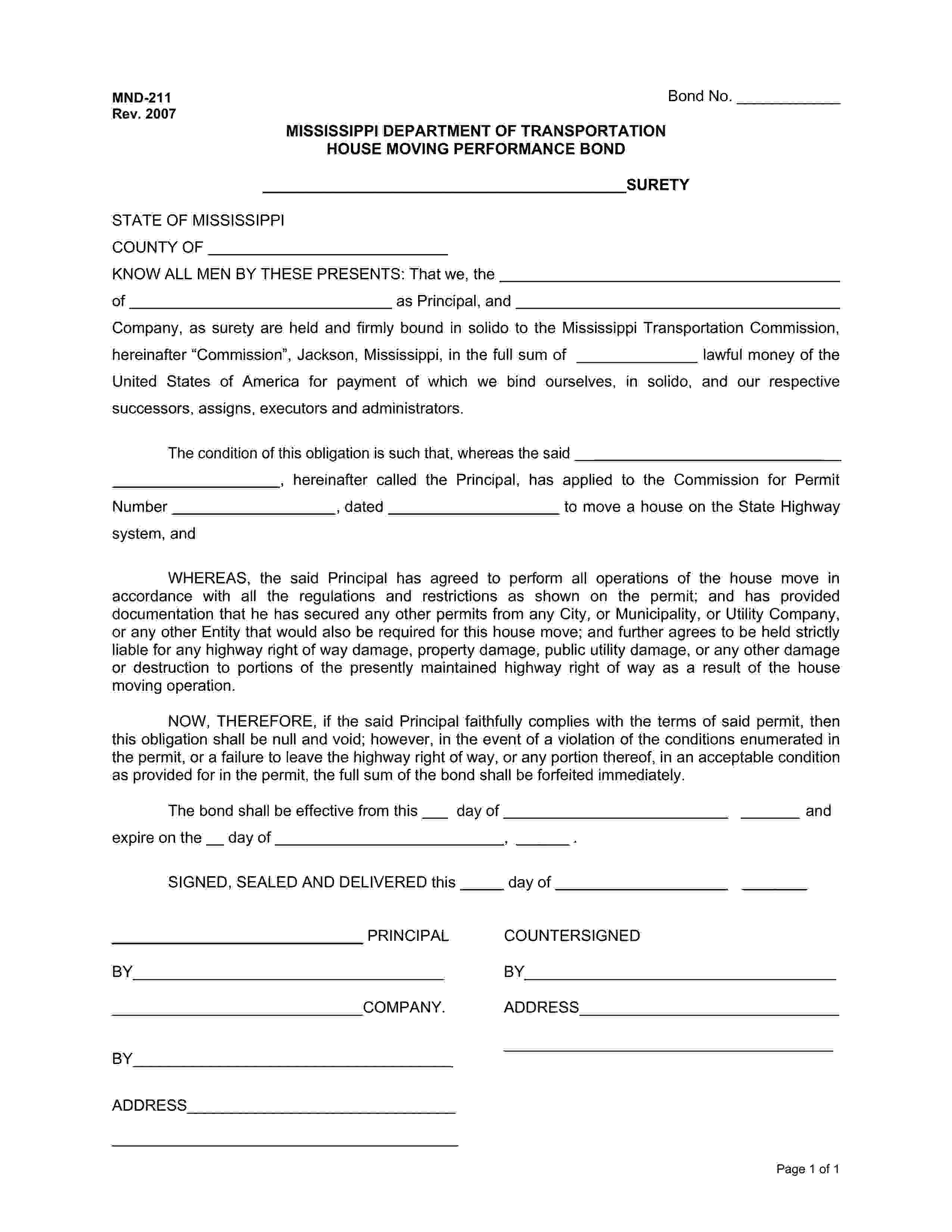 Mississippi Transportation Commission House Moving Performance Bond