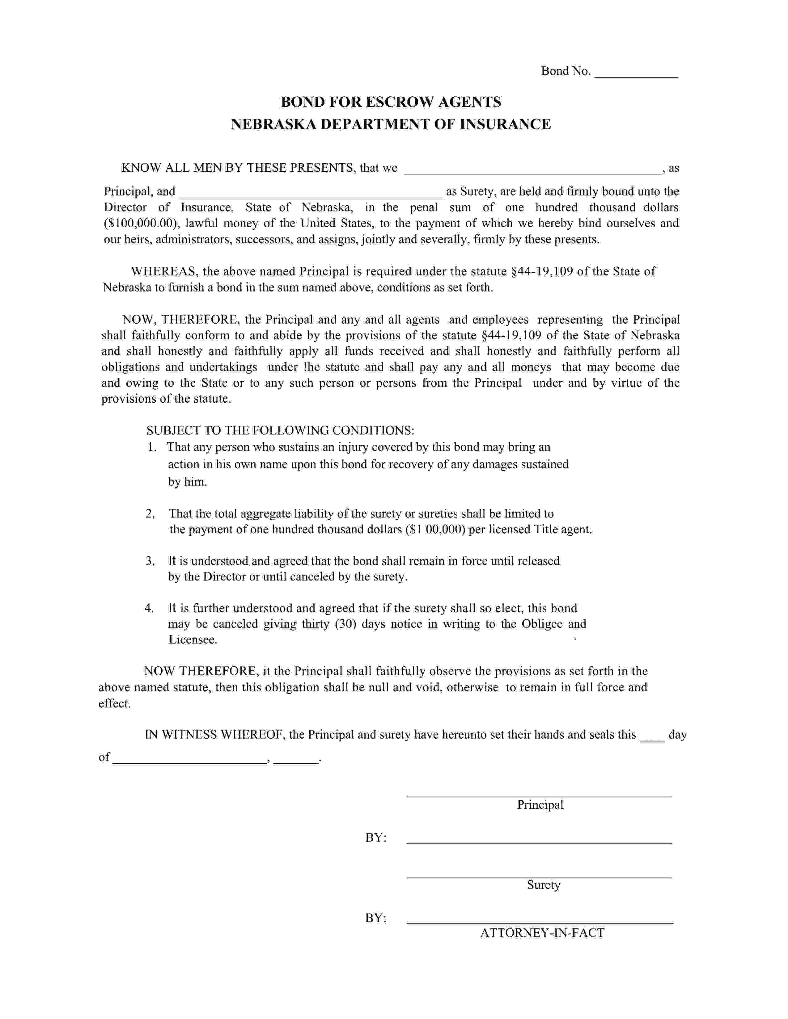 Nebraska Department of Insurance Escrow Agent Bond EZ Surety Bonds
