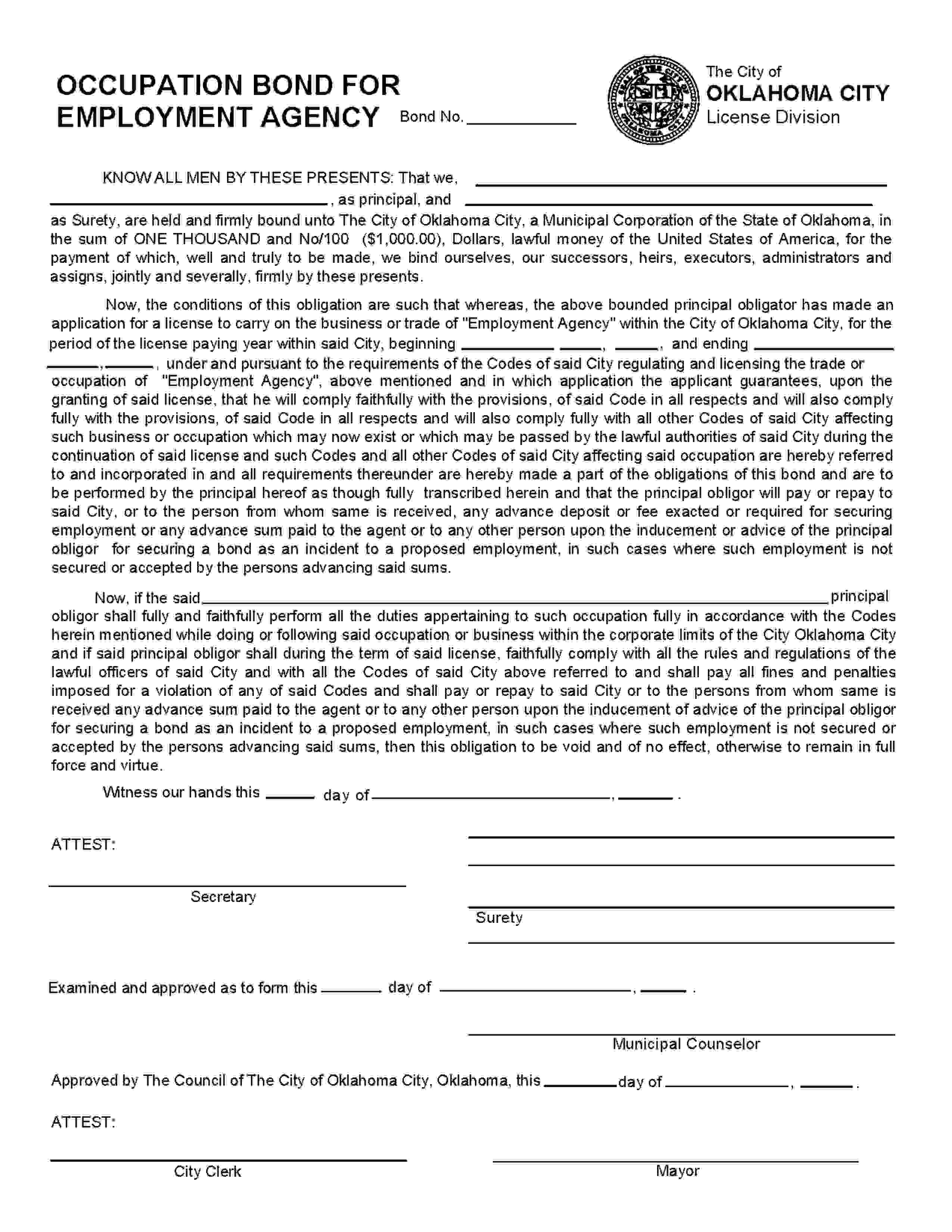 Oklahoma City City Employment Agency Bond EZ Surety Bonds