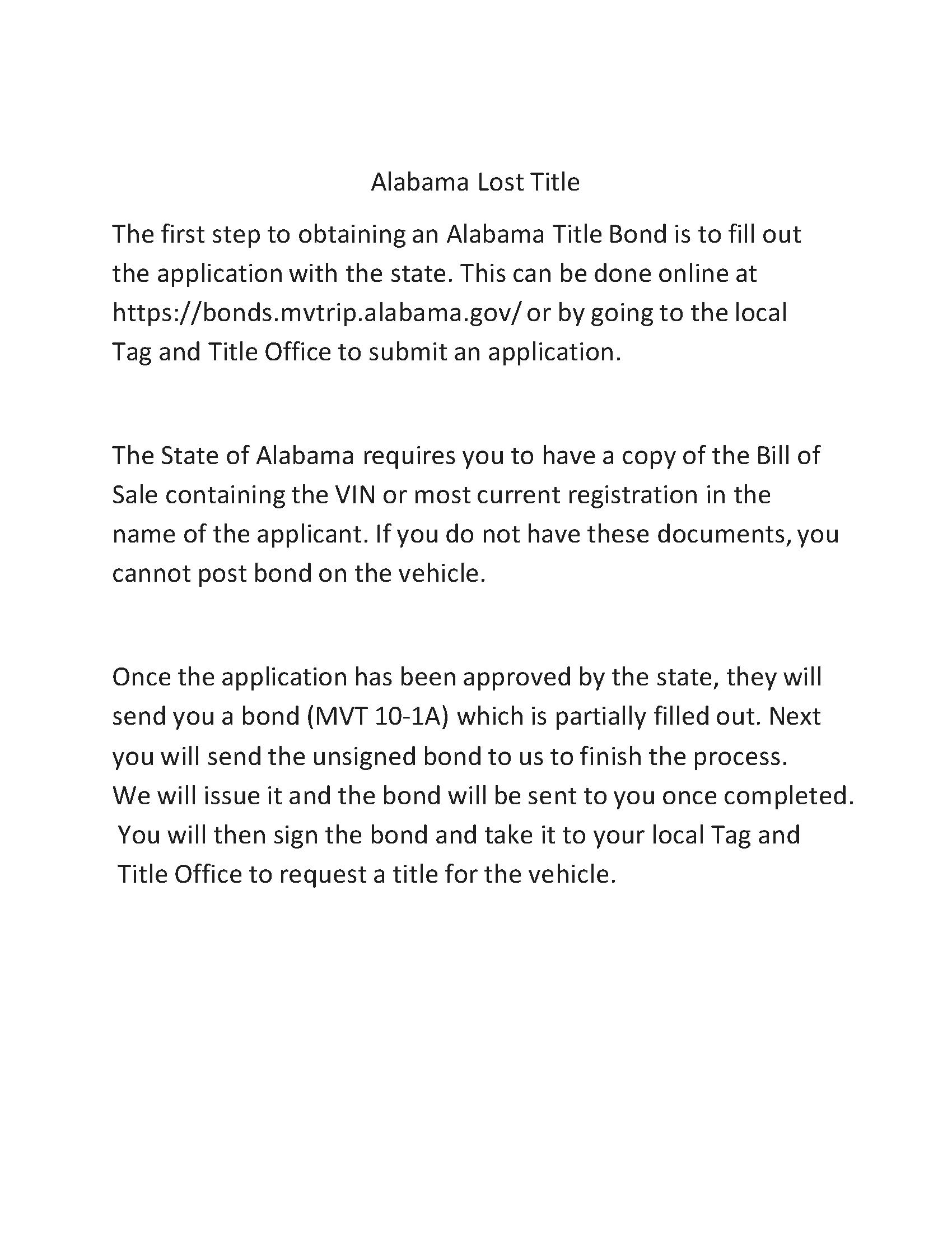 State of Alabama Lost Title Bond EZ Surety Bonds