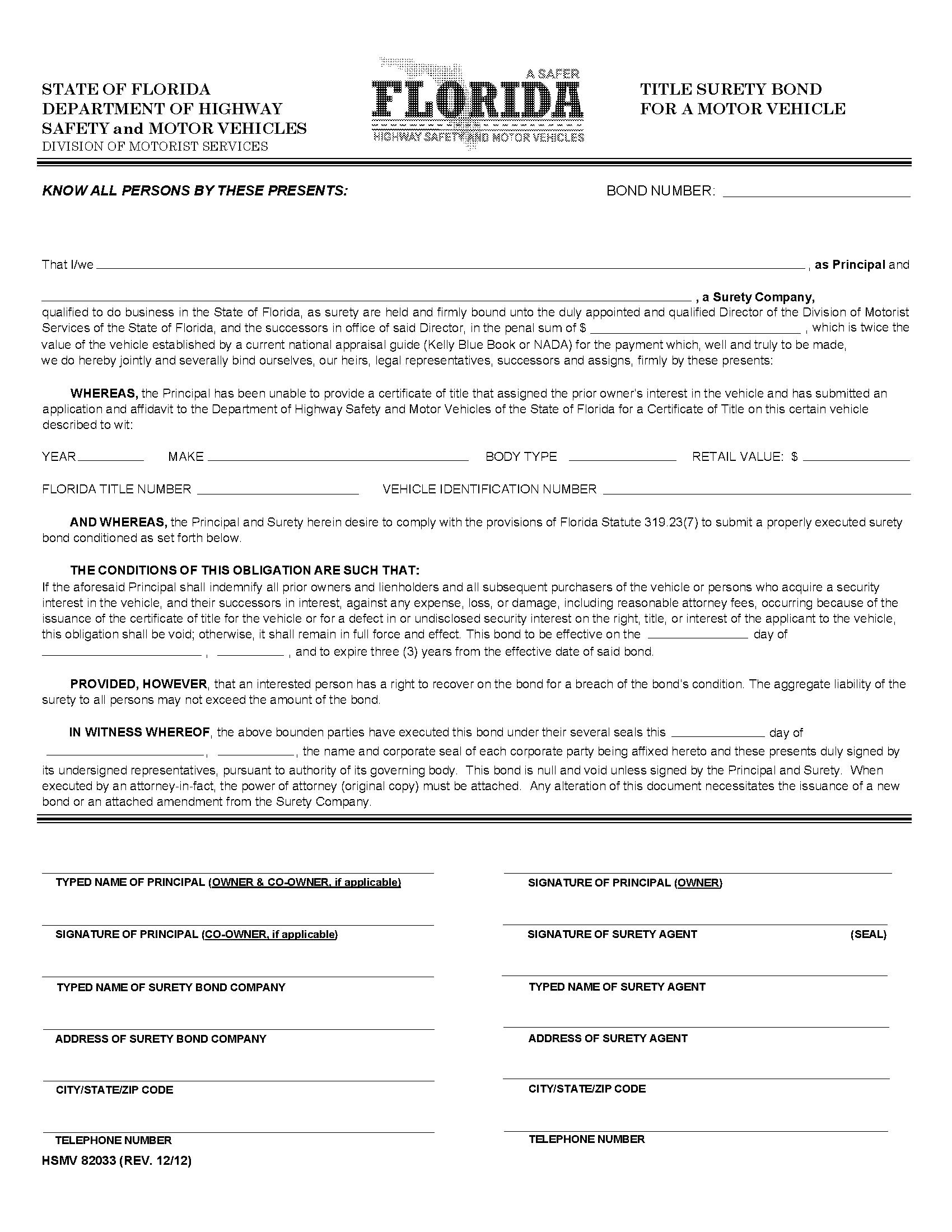 State of Florida Motor Vehicle Certificate of Title Bond EZ Surety Bonds