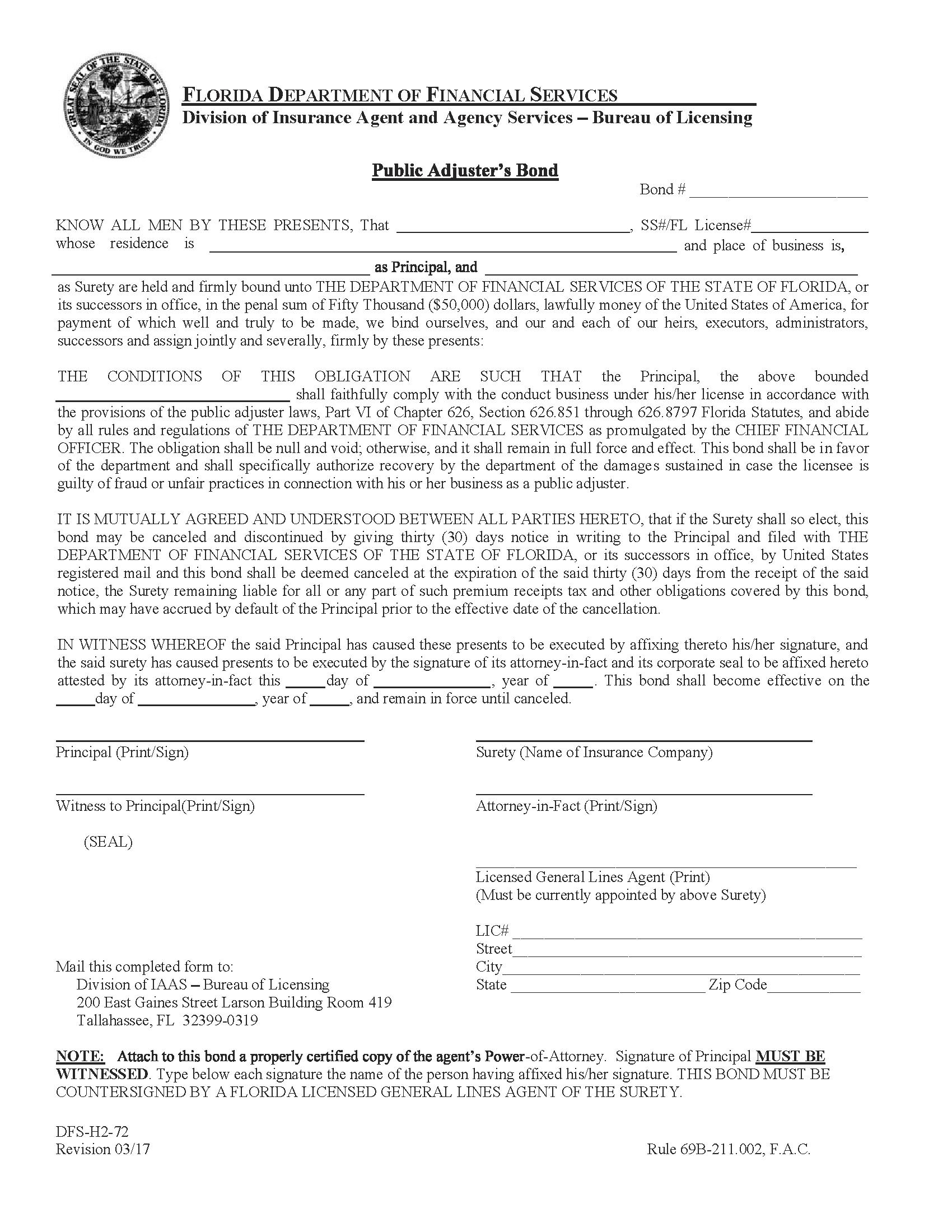 State of Florida Public Adjuster Bond EZ Surety Bonds