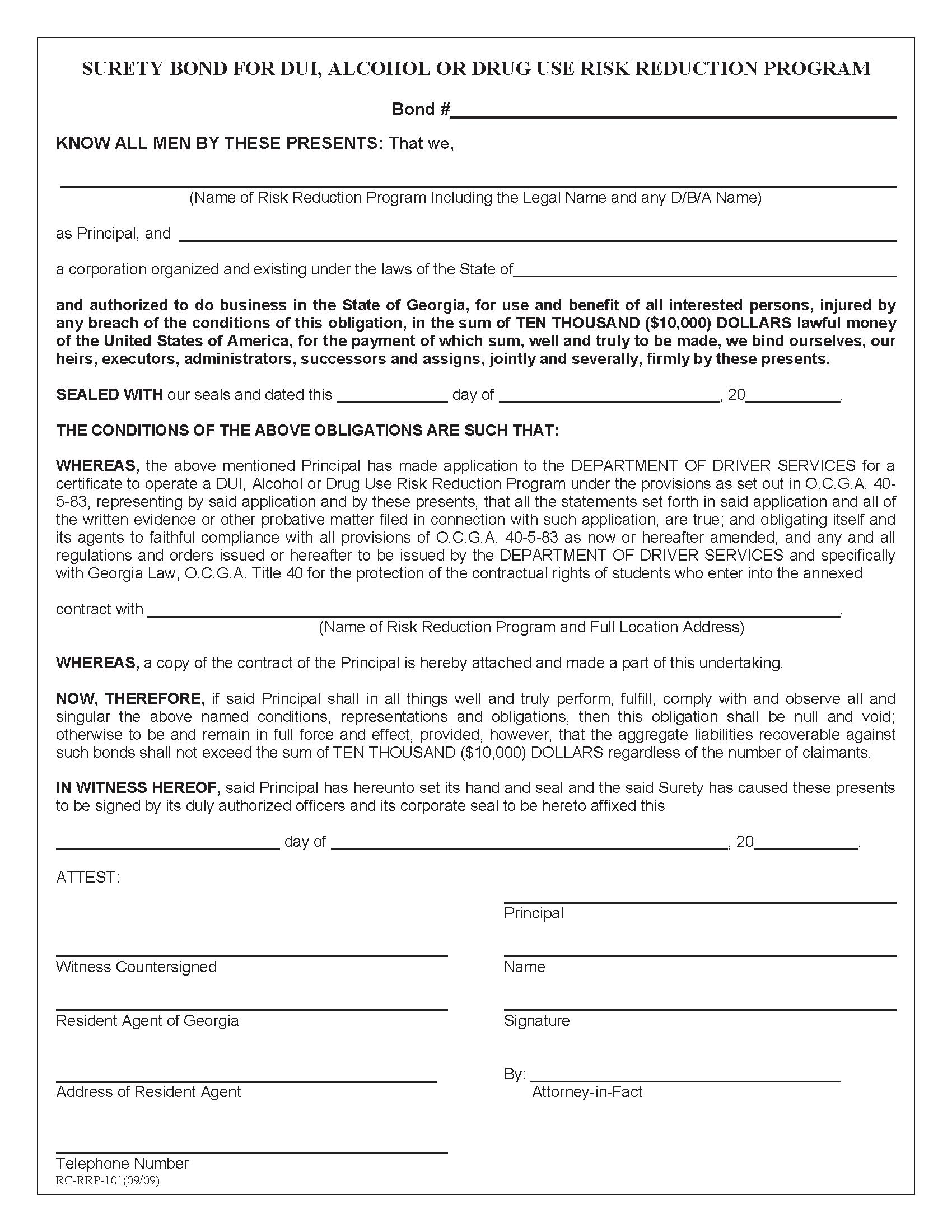 State of DUI Alcohol or Drug Use Risk Reduction Program Bond