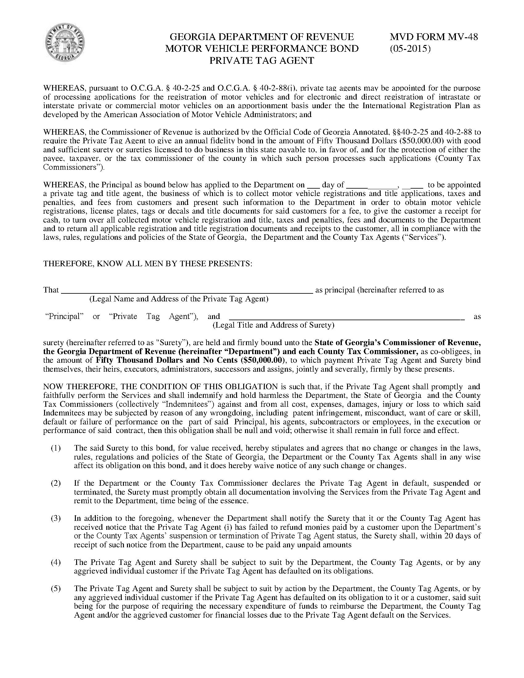 State of Private Tag Agent Bond EZ Surety Bonds