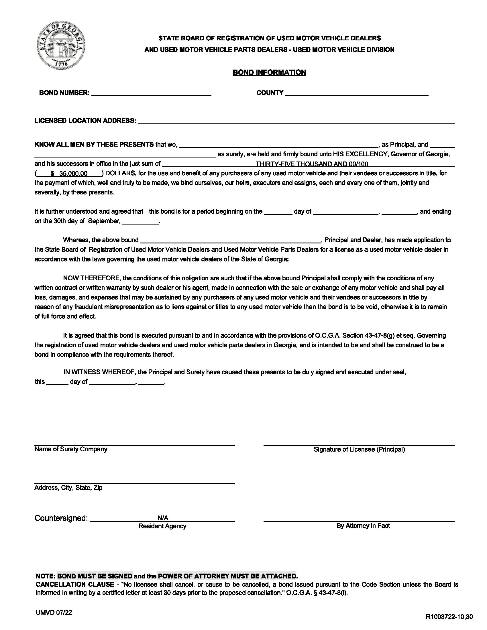 State of Used Motor Vehicle Dealers Bond EZ Surety Bonds