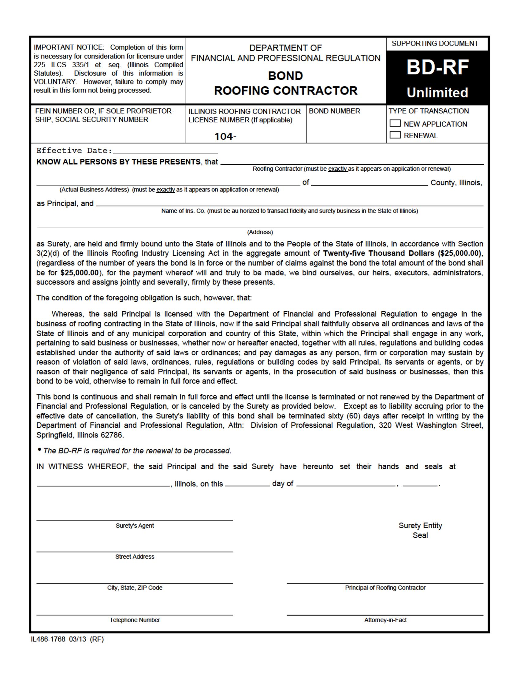 State of Illinois Roofing Contractor (Unlimited) Bond EZ Surety Bonds