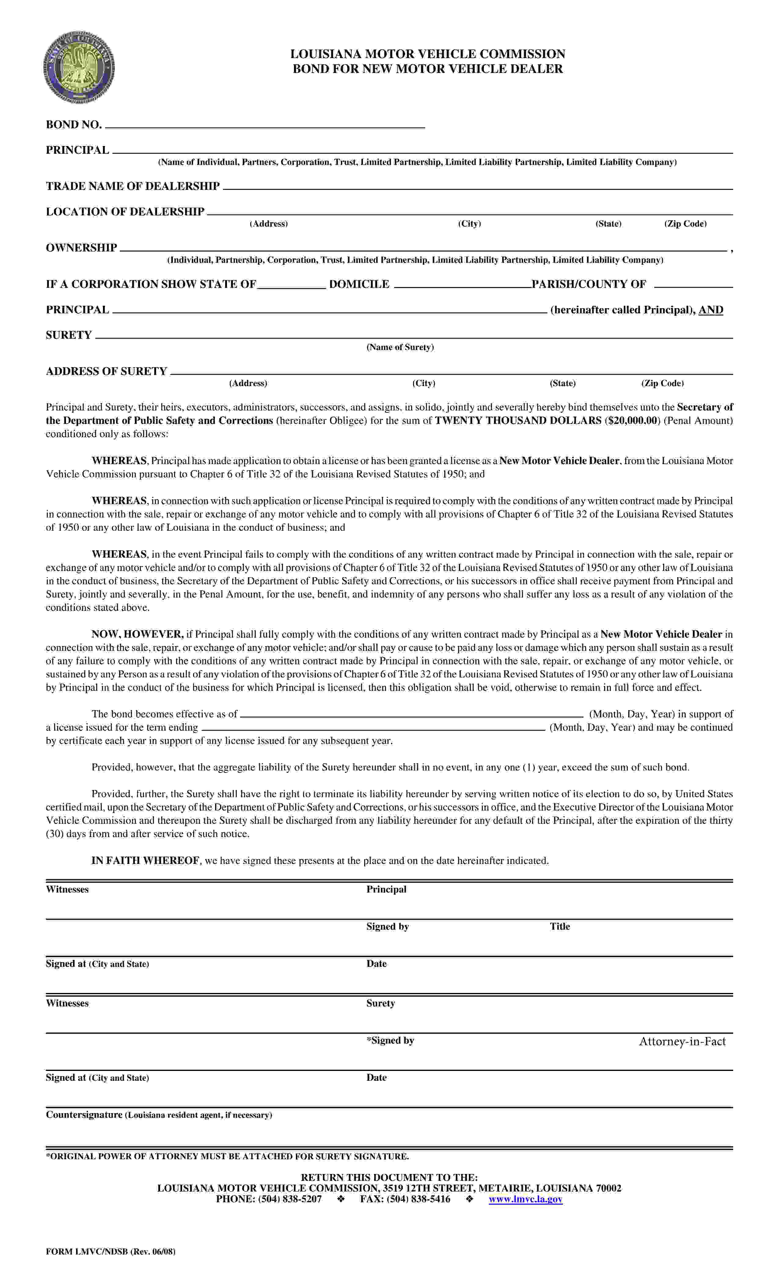 State of Louisiana New Motor Vehicle Dealer Bond EZ Surety Bonds