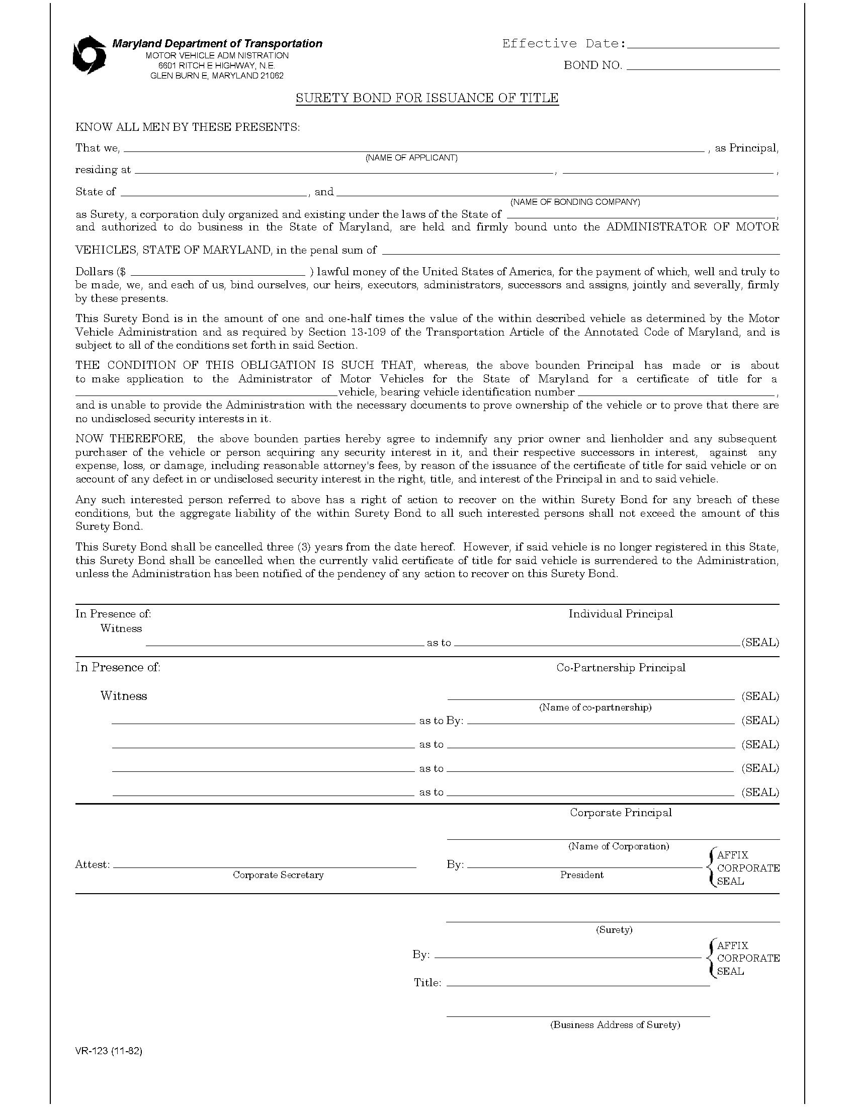 State of Maryland Issuance of Title Bond EZ Surety Bonds