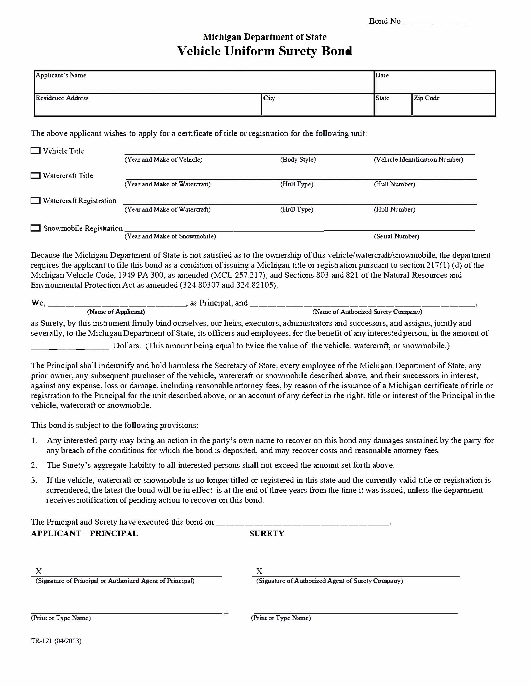 State of Michigan Motor Vehicle Certificate of Title (Vehicle Uniform) Bond