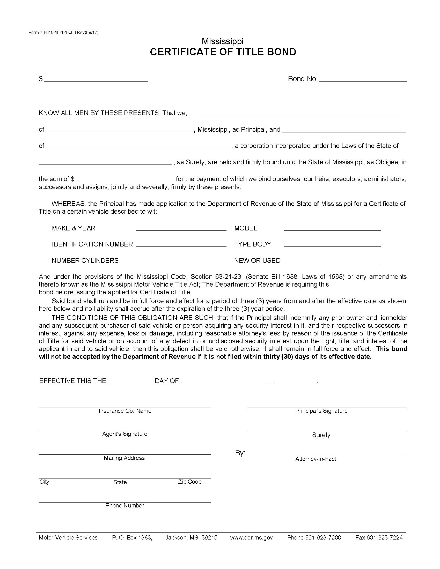 State of Mississippi Motor Vehicle Certificate of Title Bond EZ