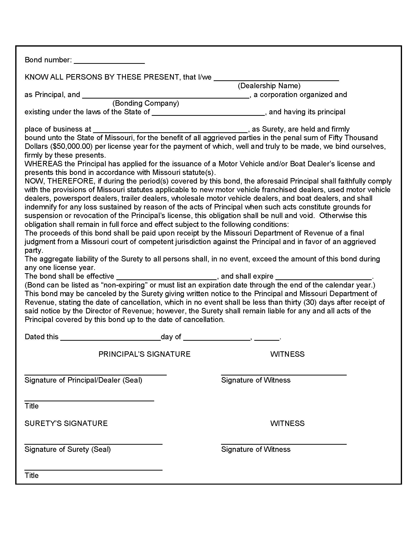 State of Missouri Motor Vehicle and/or Boat Dealer Bond EZ Surety Bonds