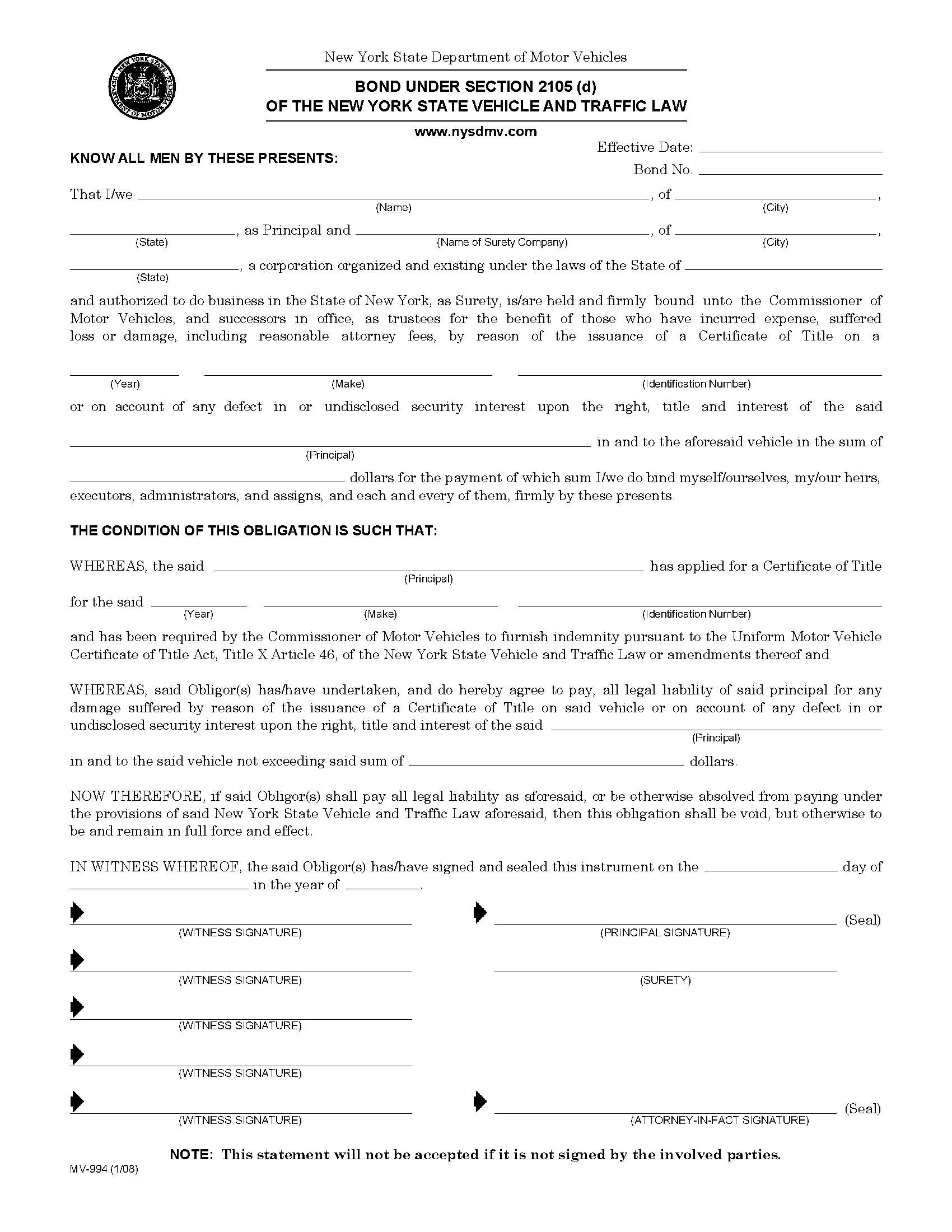 State of New York Motor Vehicle Certificate of Title Bond EZ Surety Bonds