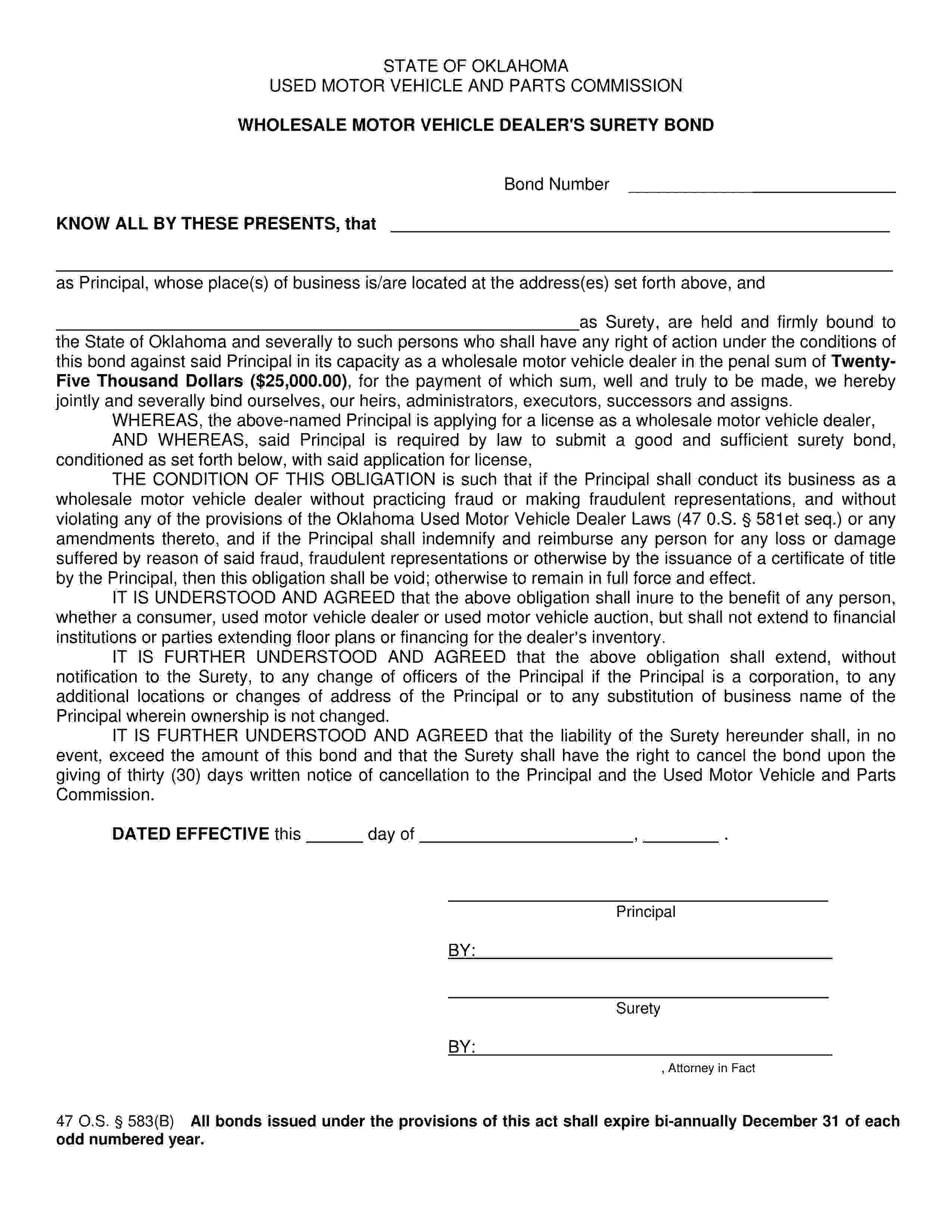 State of Oklahoma Wholesale Motor Vehicle Dealer Bond EZ Surety Bonds