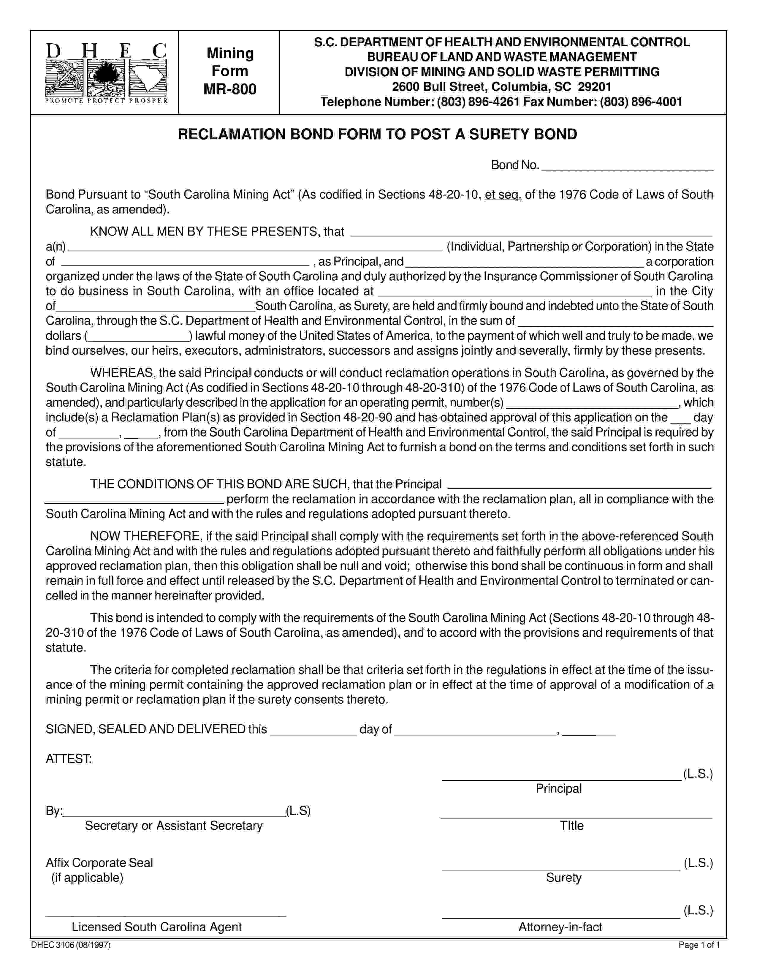 State of South Carolina Reclamation Bond EZ Surety Bonds