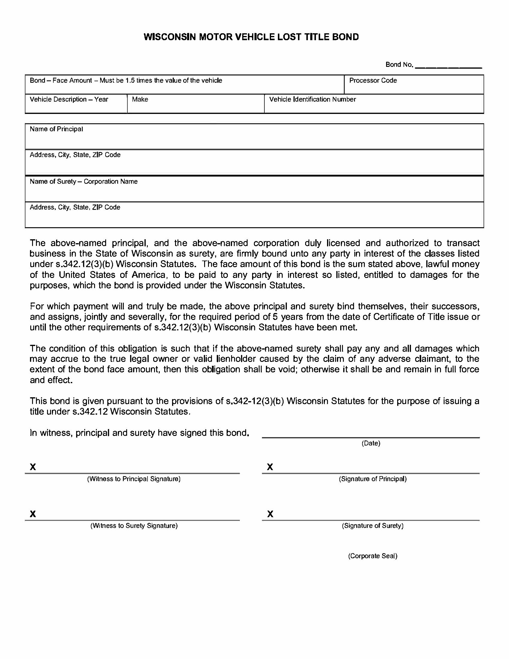 State of Wisconsin Motor Vehicle Lost Title Bond EZ Surety Bonds