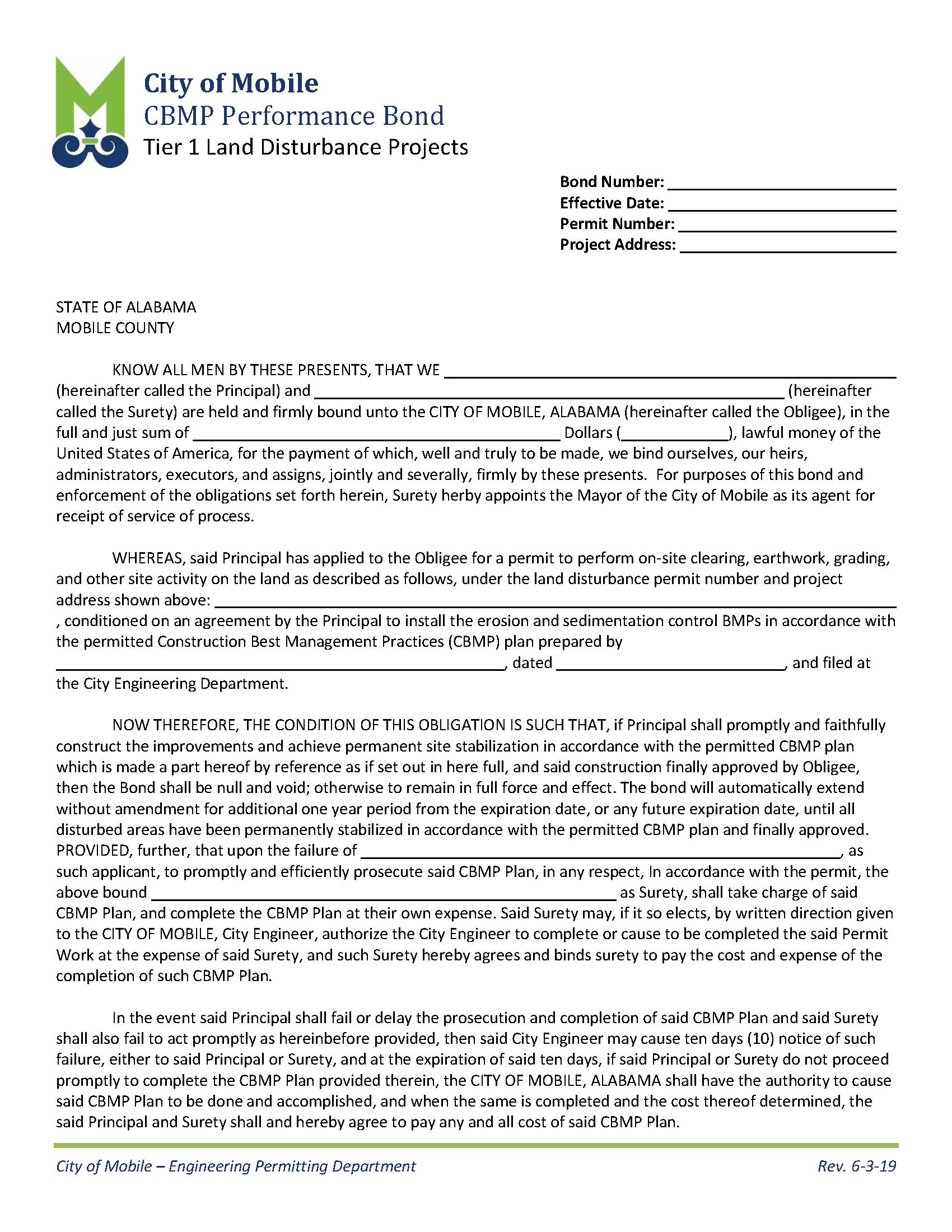 City of Mobile Tier 1 Land Disturbance Projects Bond EZ Surety Bonds